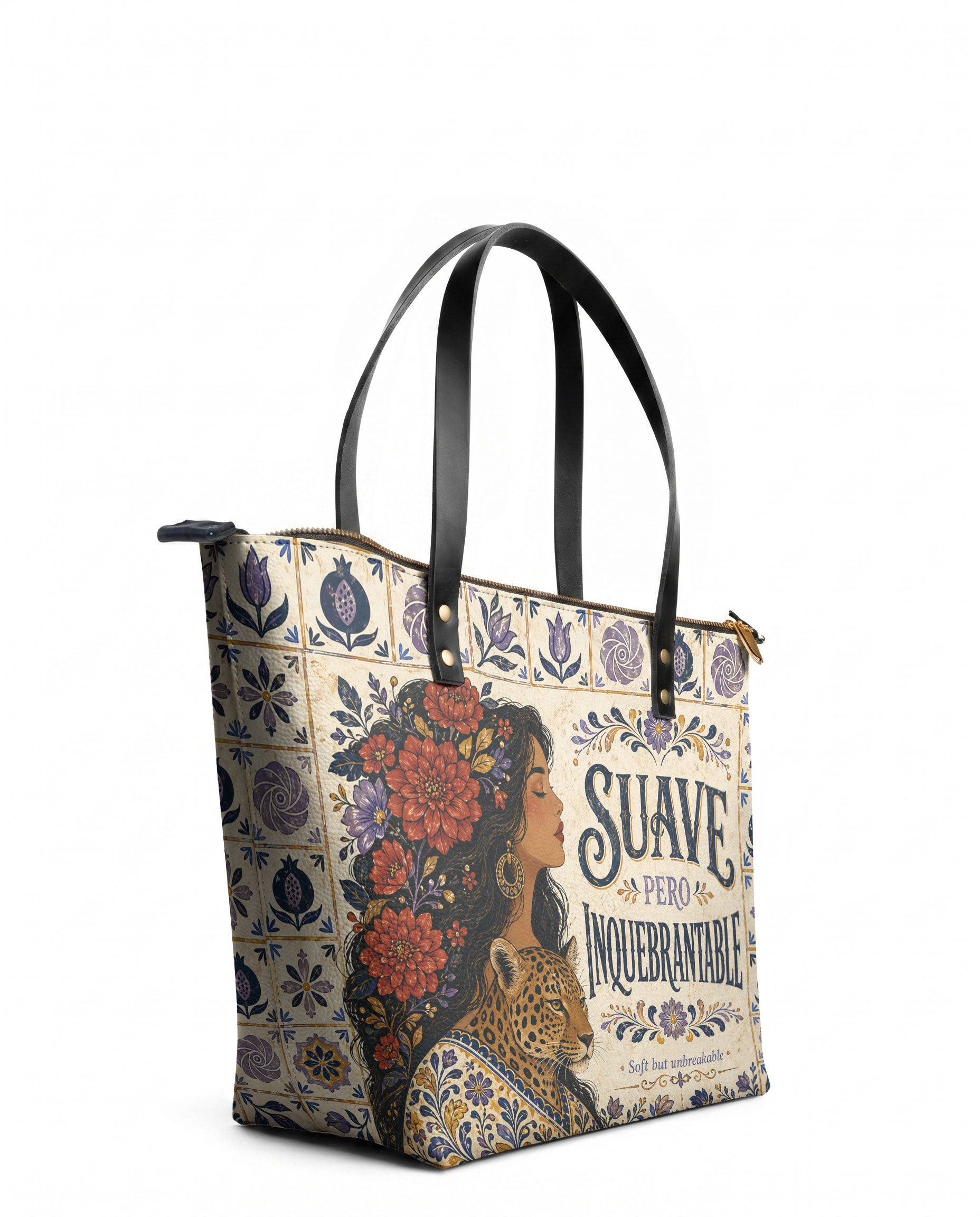 "Suave pero inquebrantable" ver.8 Leather Tote Bag - side view | Paleta Bags