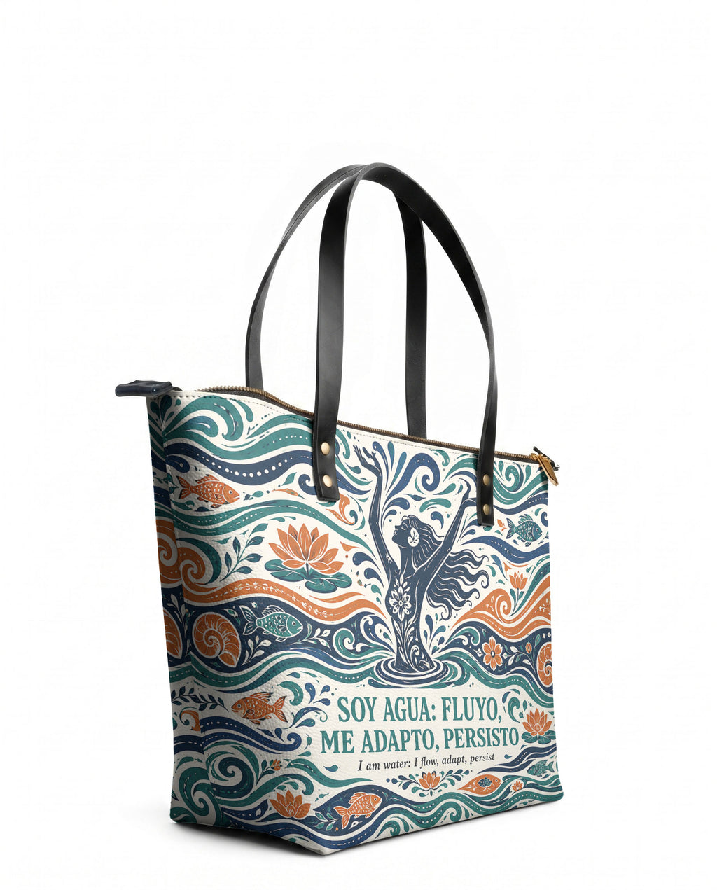 "Soy agua fluyo, me adapto, persisto" ver.1 Leather Tote Bag - side view | Paleta Bags