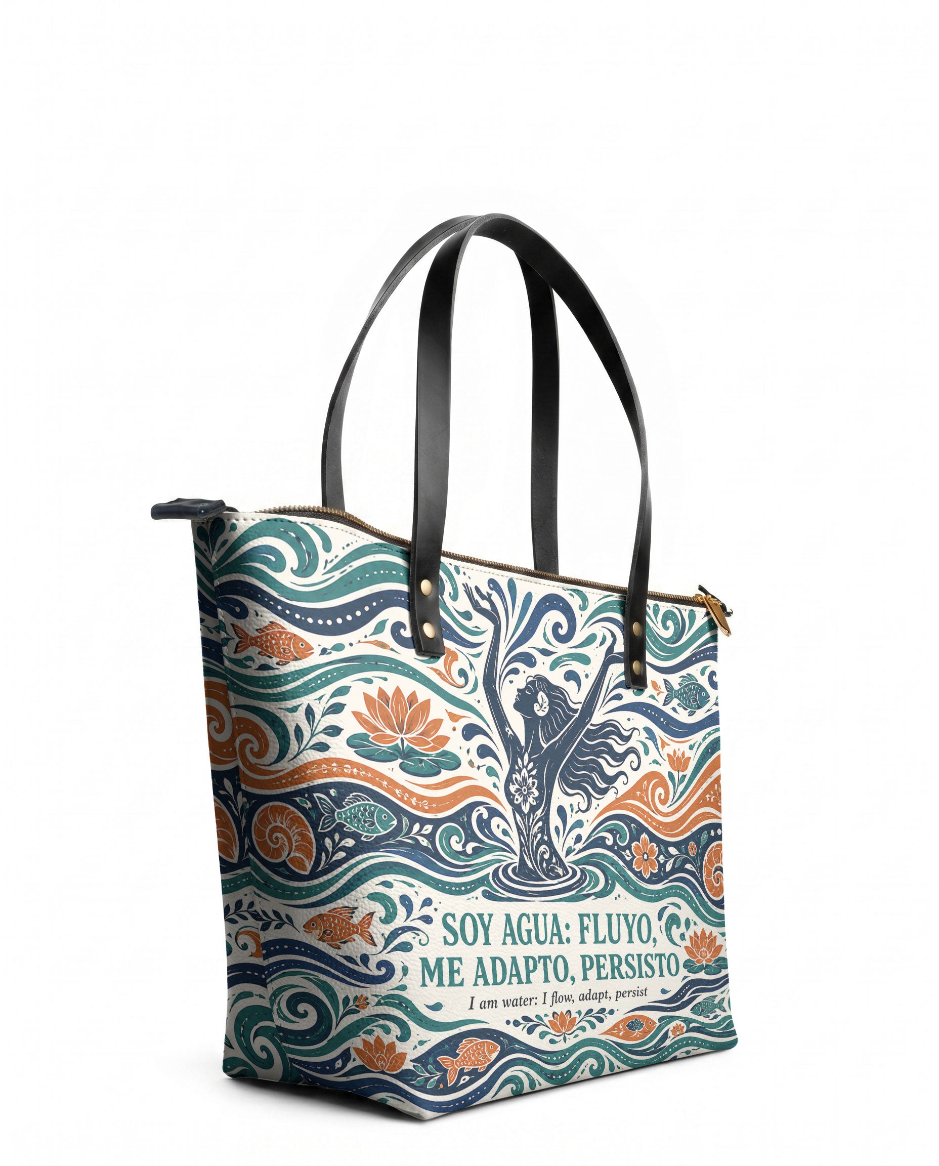 "Soy agua fluyo, me adapto, persisto" ver.1 Leather Tote Bag - side view | Paleta Bags