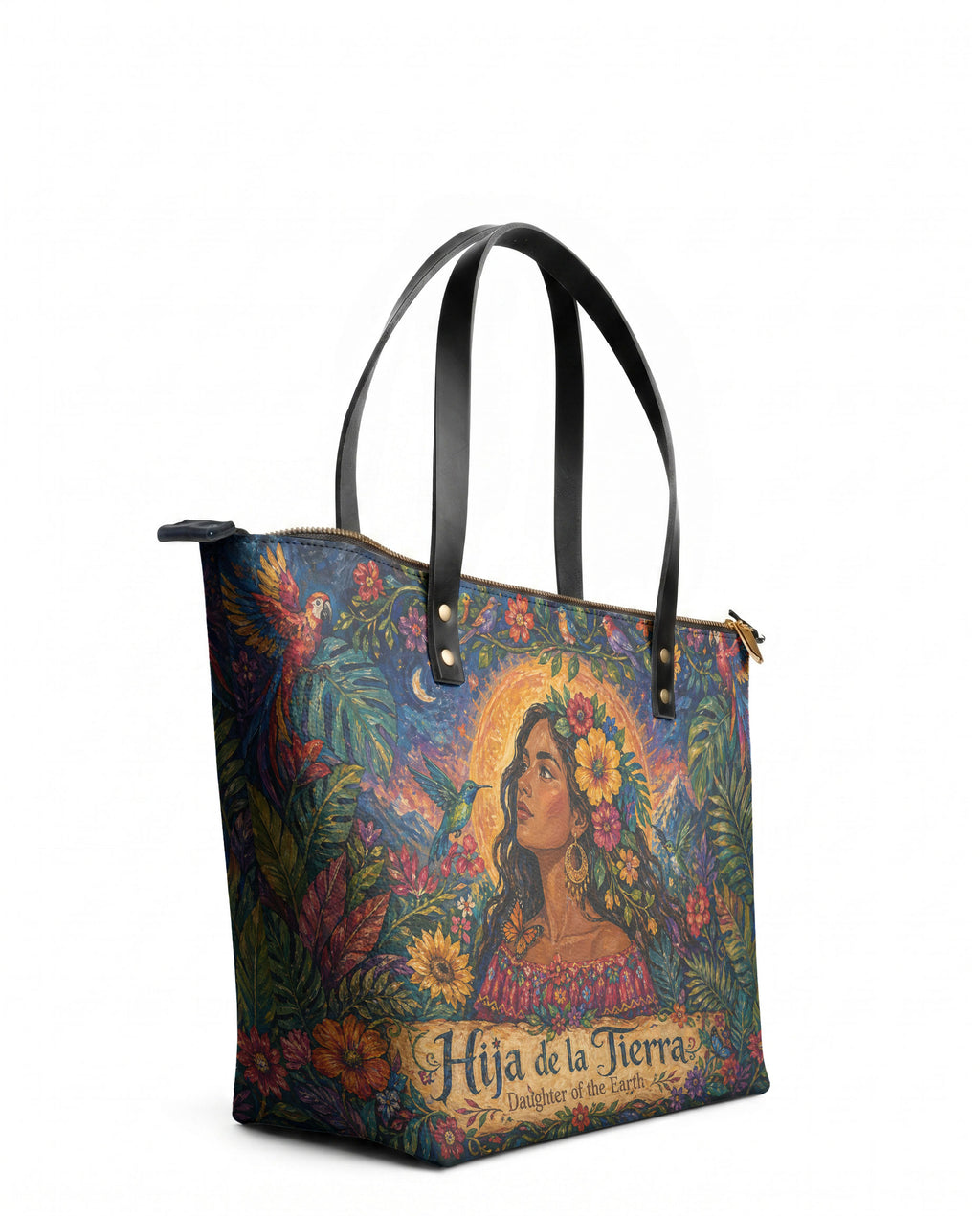 "Soy hija de la tierra" ver.4 Leather Tote Bag - side view | Paleta Bags
