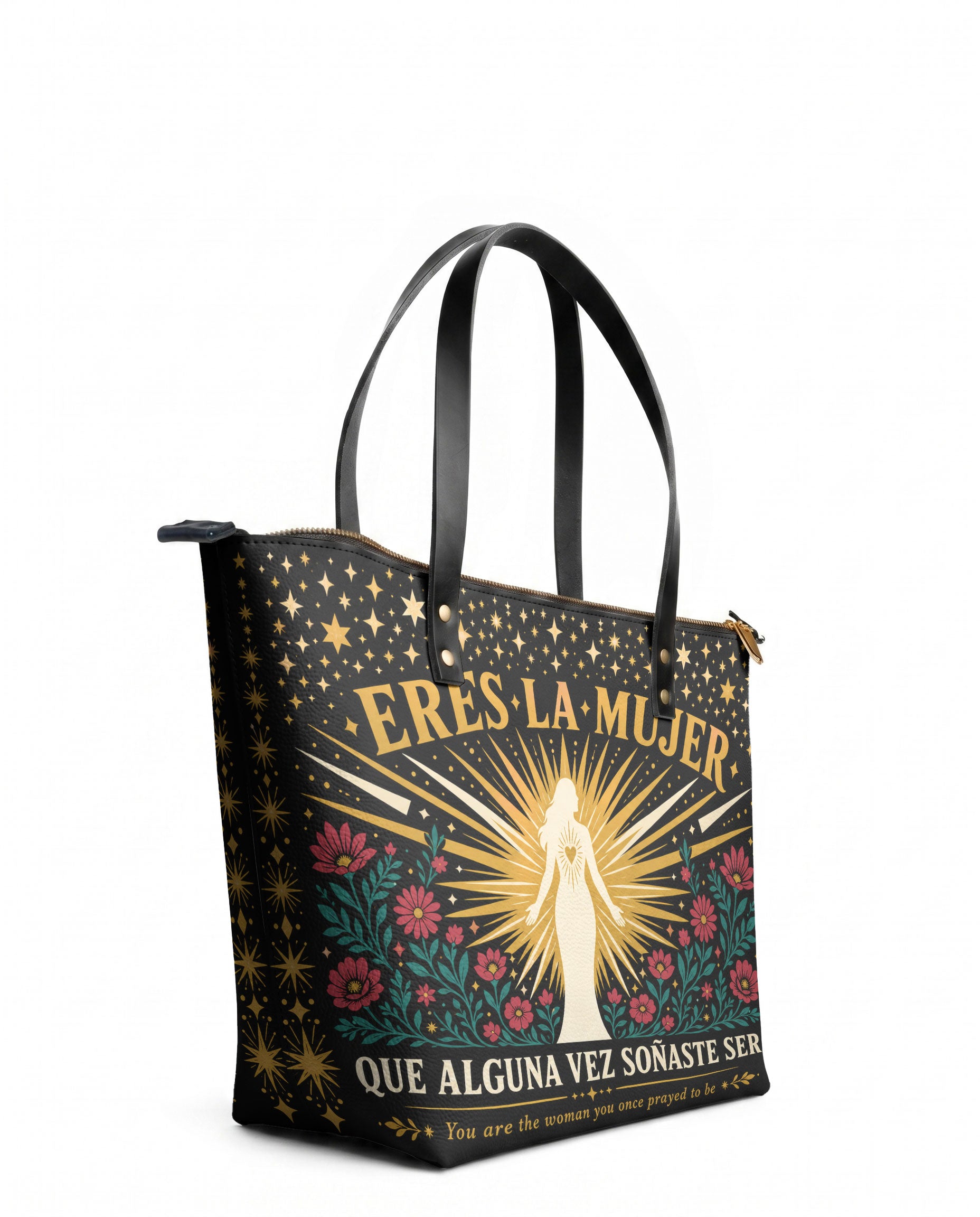 "Eres la mujer que alguna vez soñaste ser" ver.9 Leather Tote Bag - side view | Paleta Bags