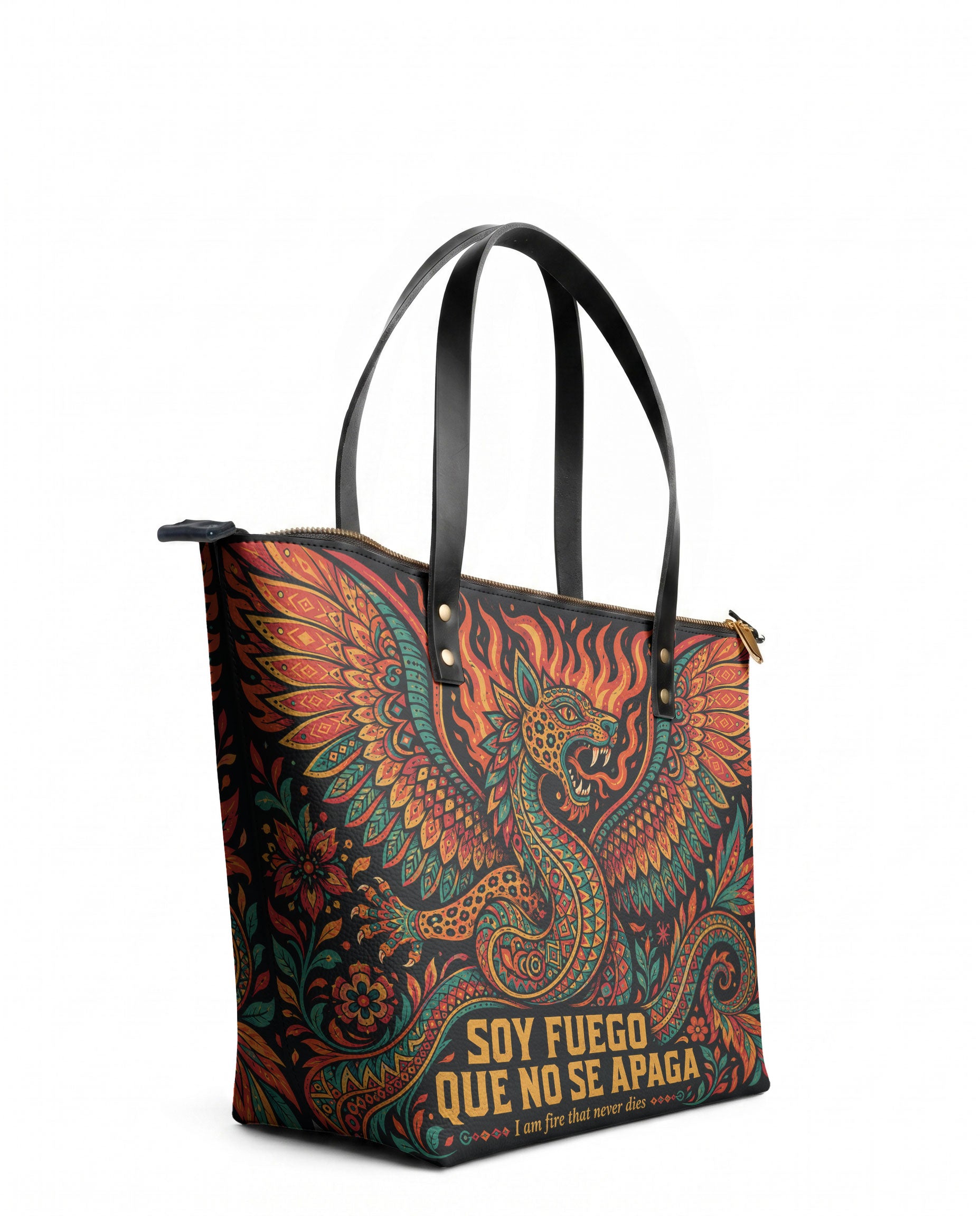 "Soy fuego que no se apaga" ver.1 Leather Tote Bag - side view | Paleta Bags