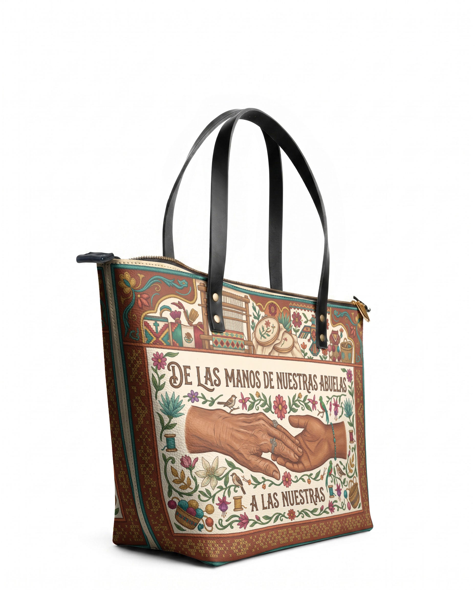"De las manos de nuestras abuelas a las nuestras" ver.4 Leather Tote Bag - side view | Paleta Bags