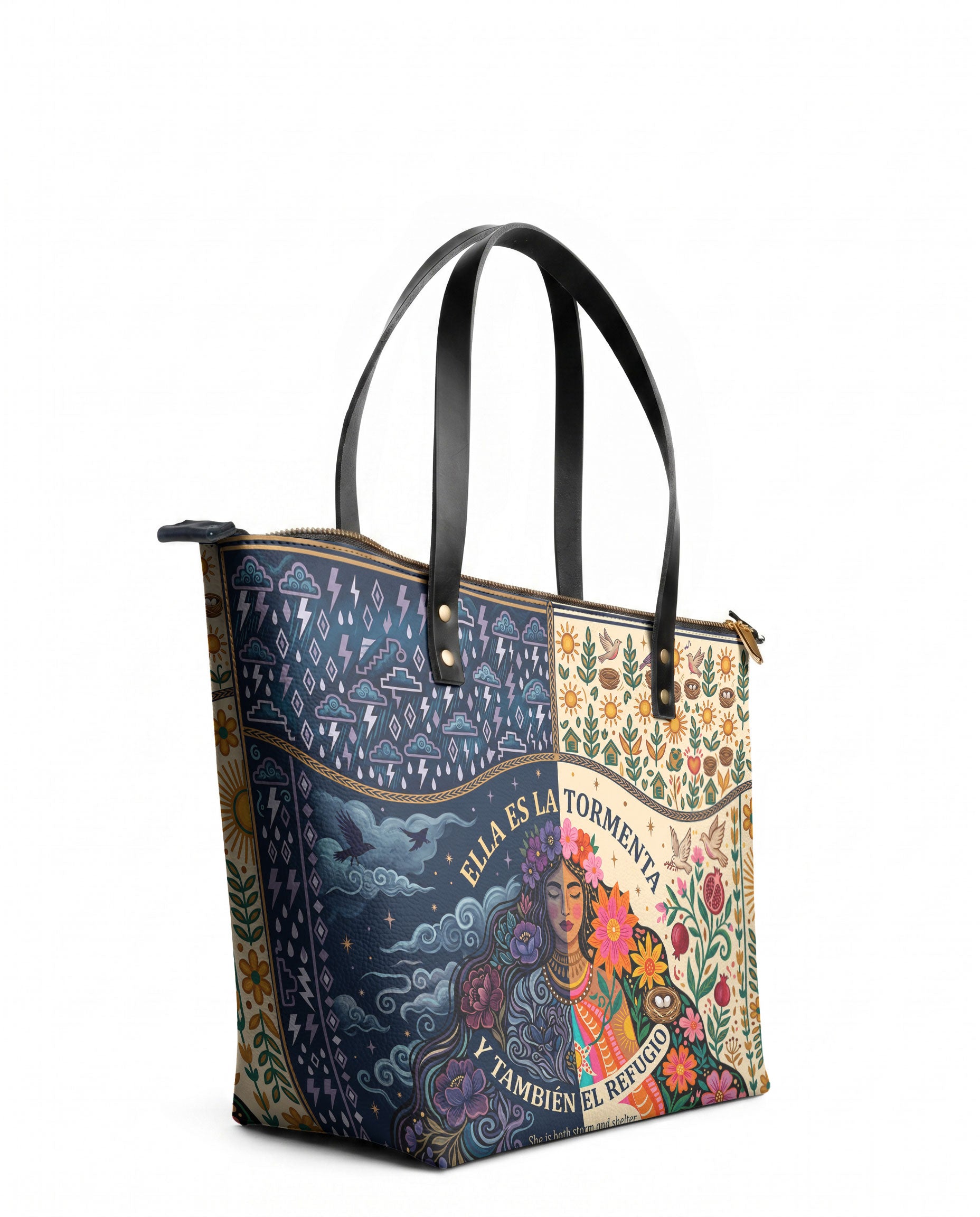 "Ella es la tormenta y también el refugio" ver.1 Leather Tote Bag - side view | Paleta Bags
