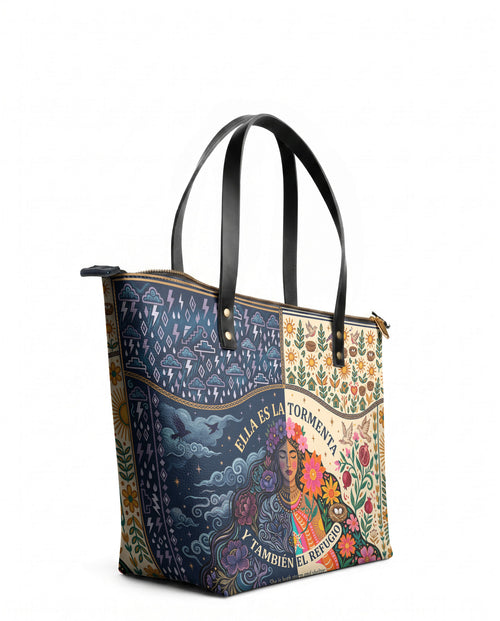 "Ella es la tormenta y también el refugio" ver.1 Leather Tote Bag - side view | Paleta Bags