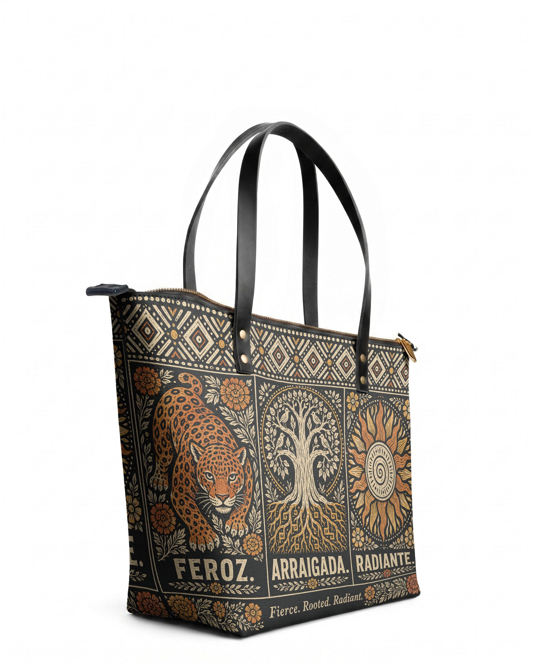 "Feroz. Arraigada. Radiante" ver.4 Leather Tote Bag - side view | Paleta Bags