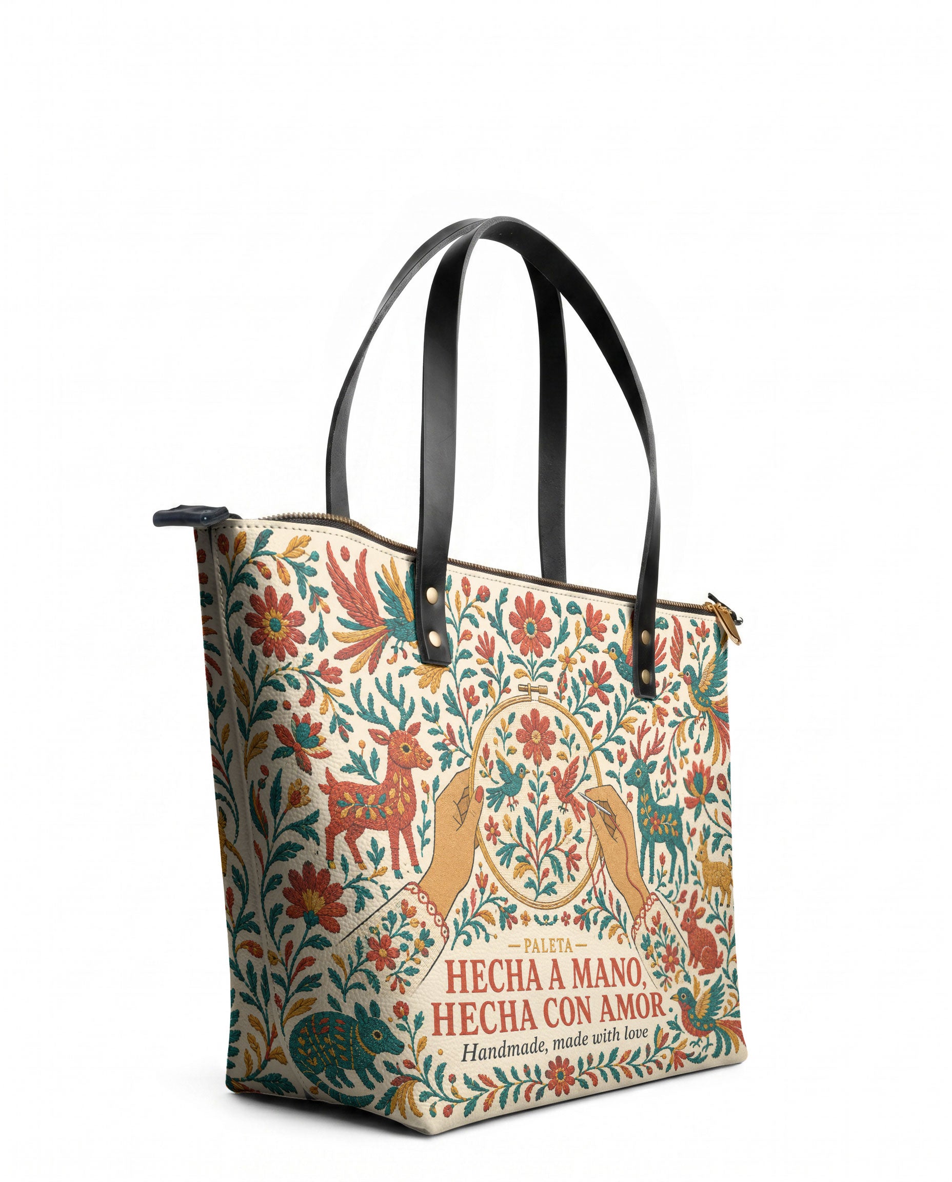 "Hecha a mano, hecha con amor" ver.1 Leather Tote Bag - side view | Paleta Bags