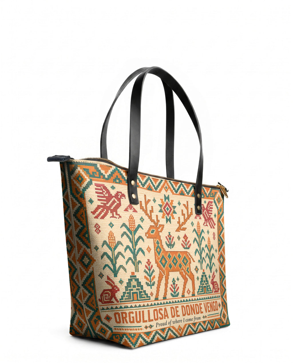 "Orgullosa de donde vengo" ver.1 Leather Tote Bag - side view | Paleta Bags
