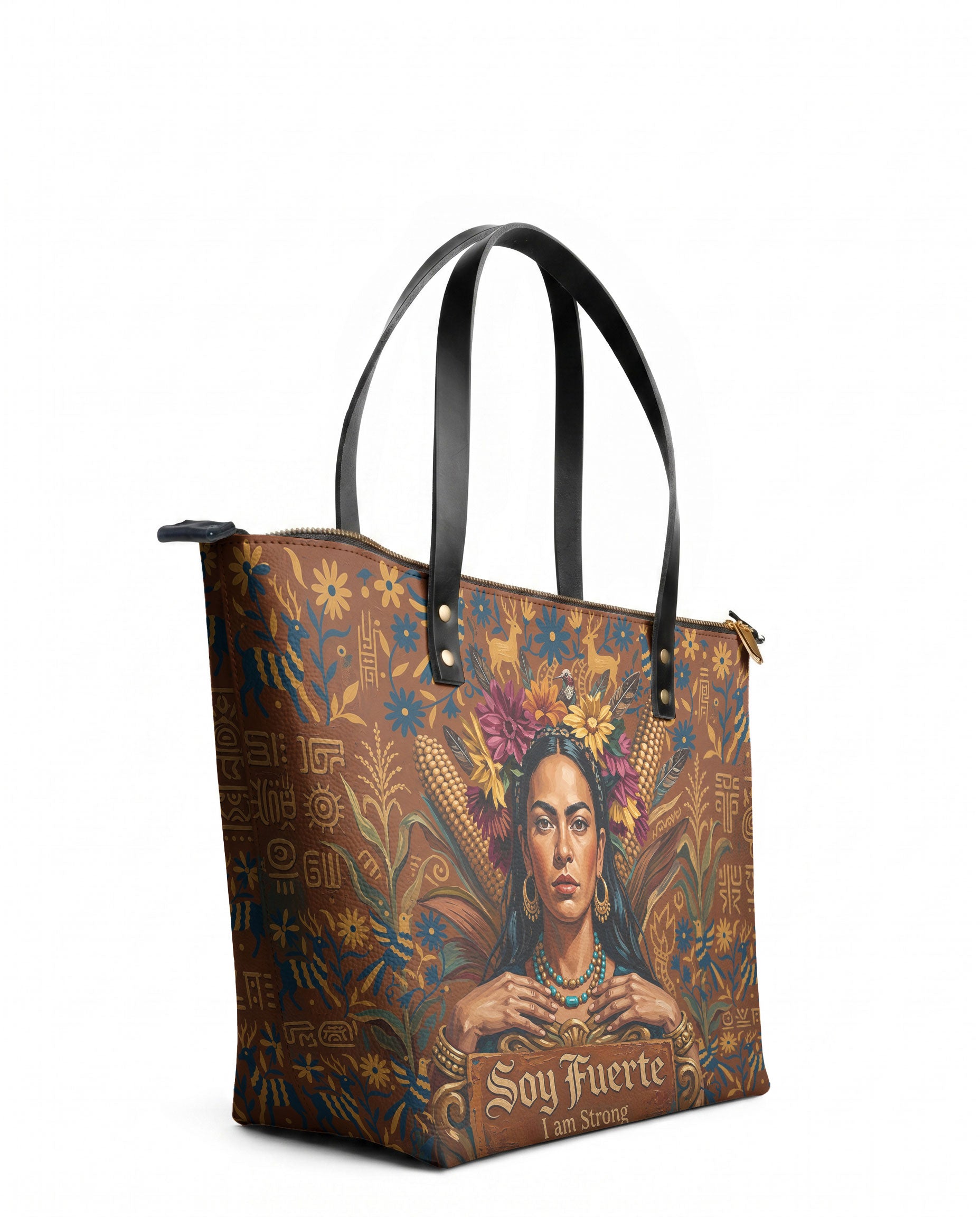 "Soy Fuerte" ver.4 Leather Tote Bag - side view | Paleta Bags