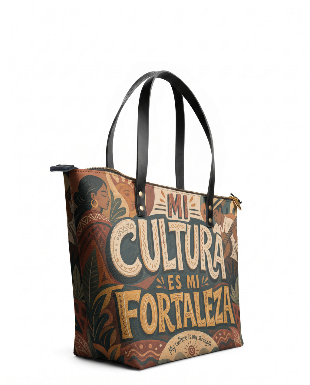 "Mi cultura es mi fortaleza" ver.1 Leather Tote Bag - side view | Paleta Bags