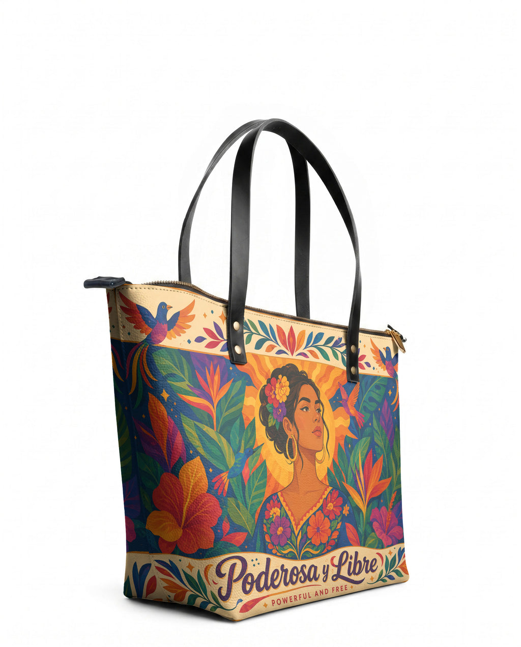 "Poderosa y Libre" ver.2 Leather Tote Bag - side view | Paleta Bags