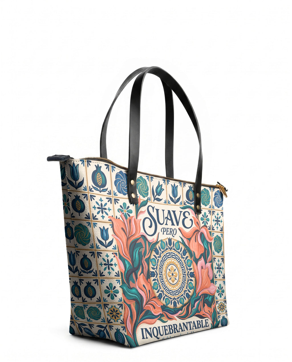 "Suave pero inquebrantable" ver.6 Leather Tote Bag - side view | Paleta Bags