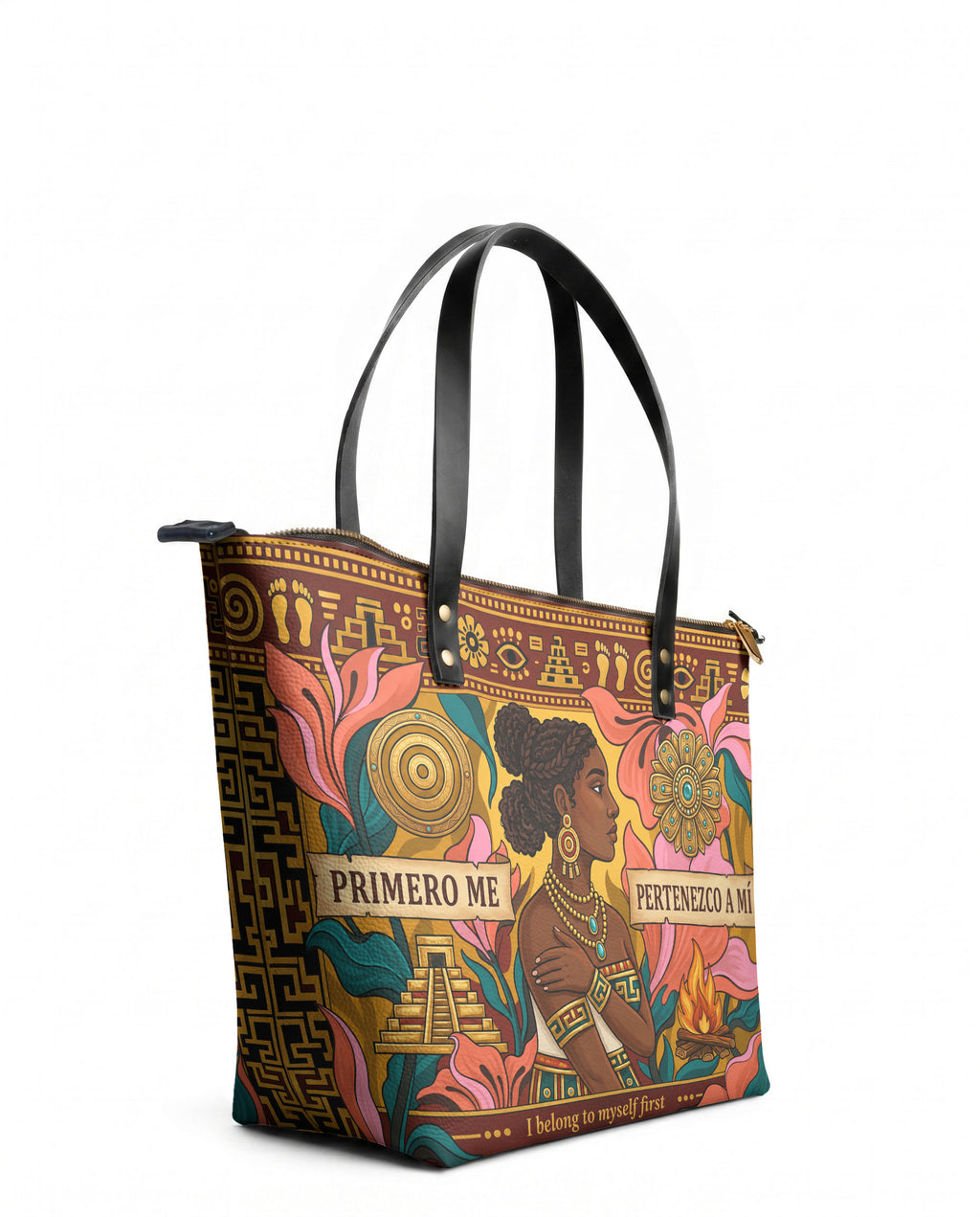 "Primero me pertenezco a mí" ver.6 Leather Tote Bag - side view | Paleta Bags