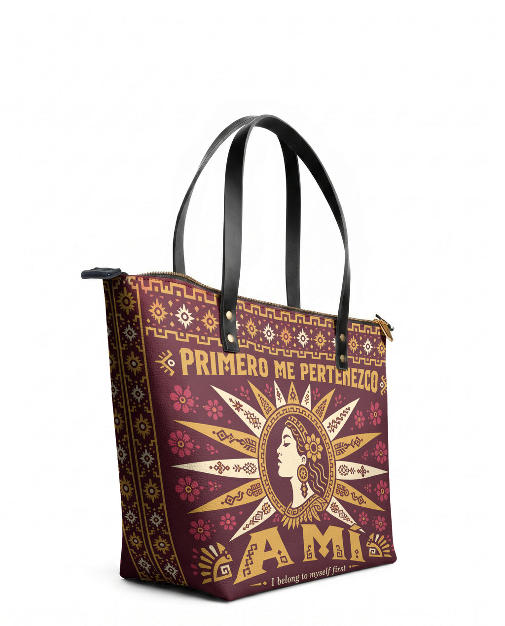 "Primero me pertenezco a mí" ver.5 Leather Tote Bag - side view | Paleta Bags