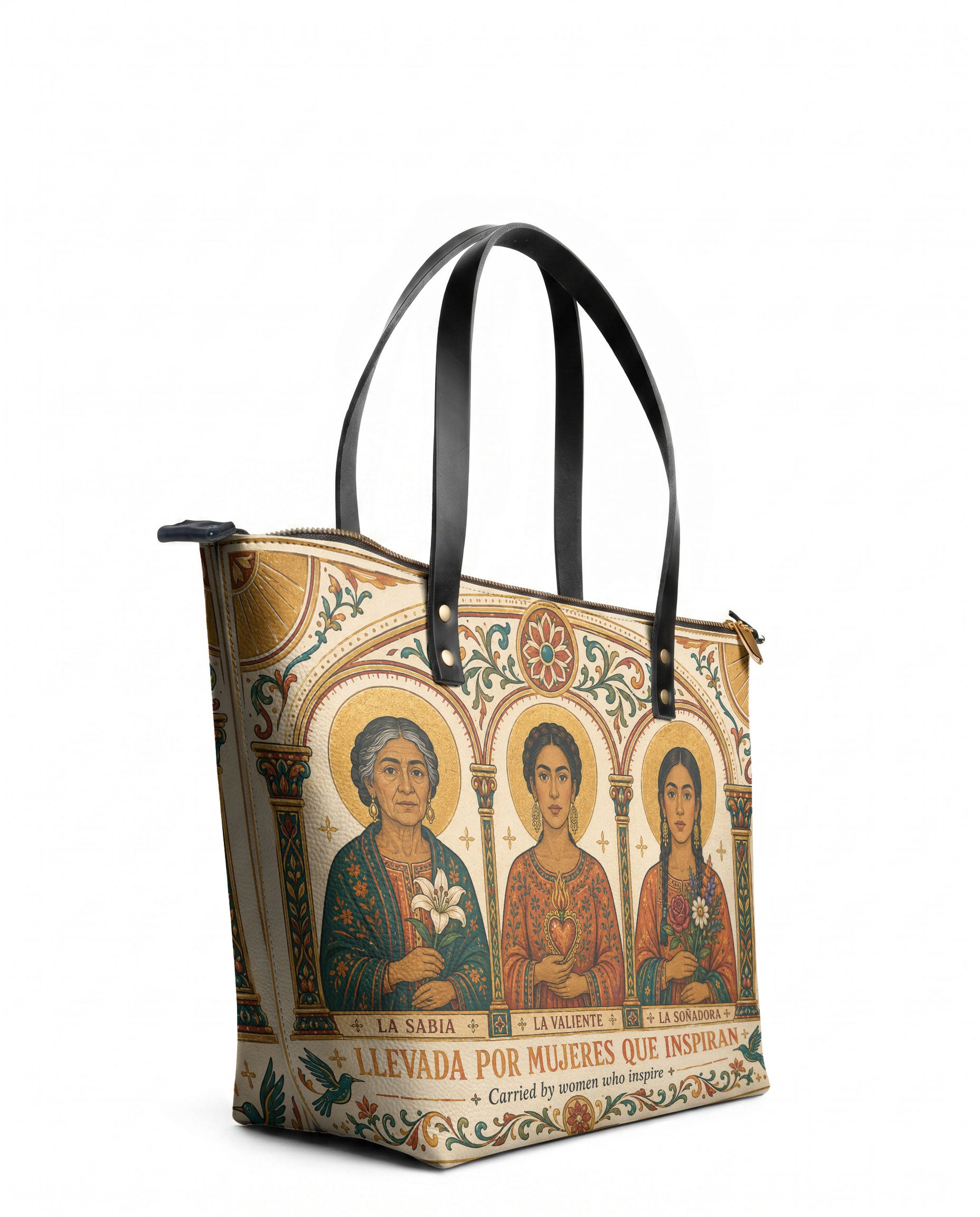 "Llevada por mujeres que inspiran" ver.1 Leather Tote Bag - side view | Paleta Bags