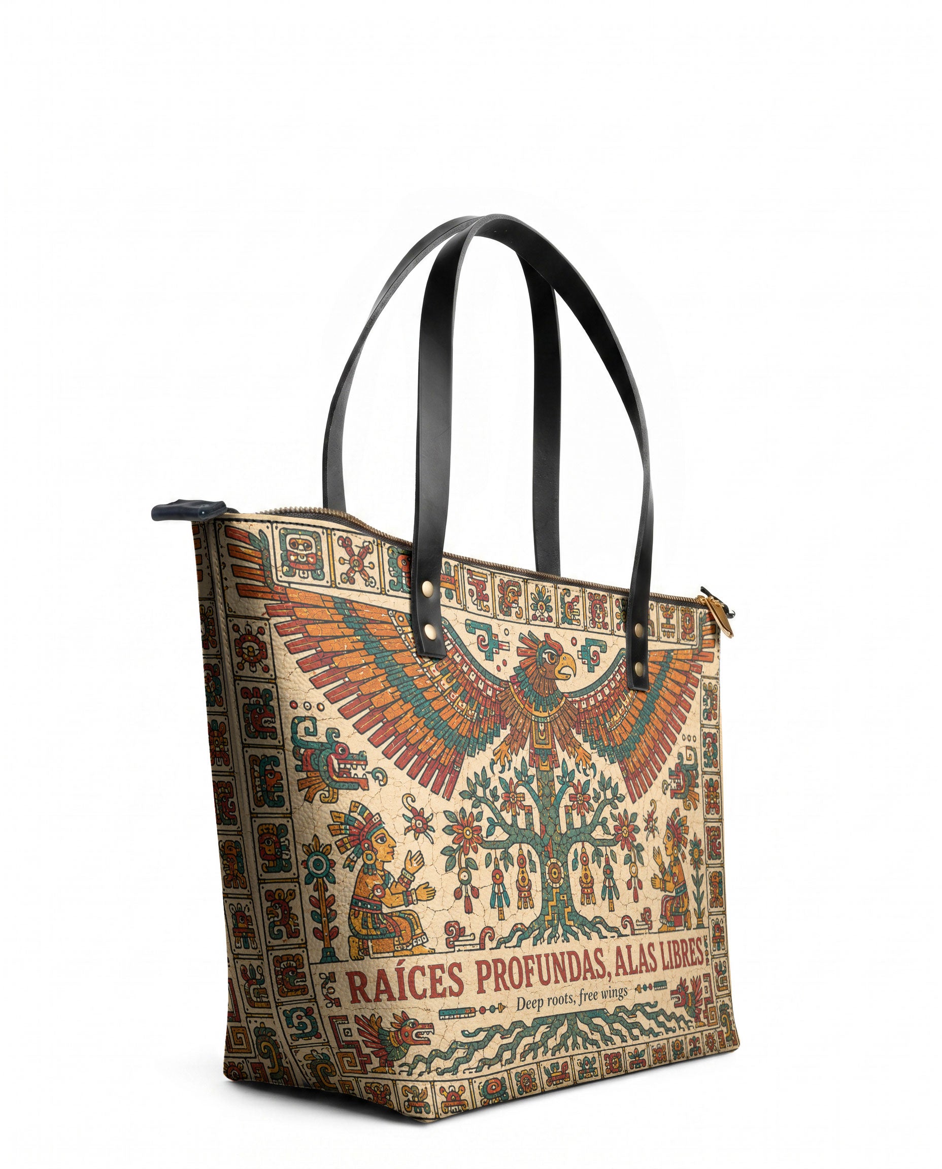 "Raíces profundas, alas libres" ver.5 Leather Tote Bag - side view | Paleta Bags