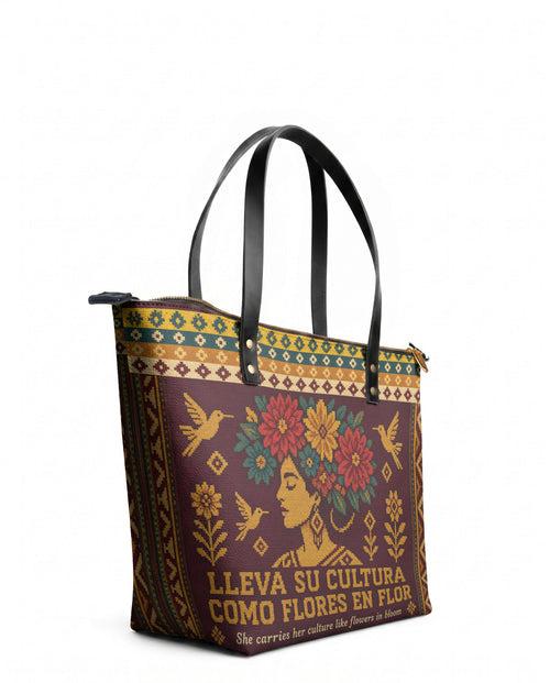 "Lleva su cultura como flores en flor" ver.4 Leather Tote Bag - side view | Paleta Bags