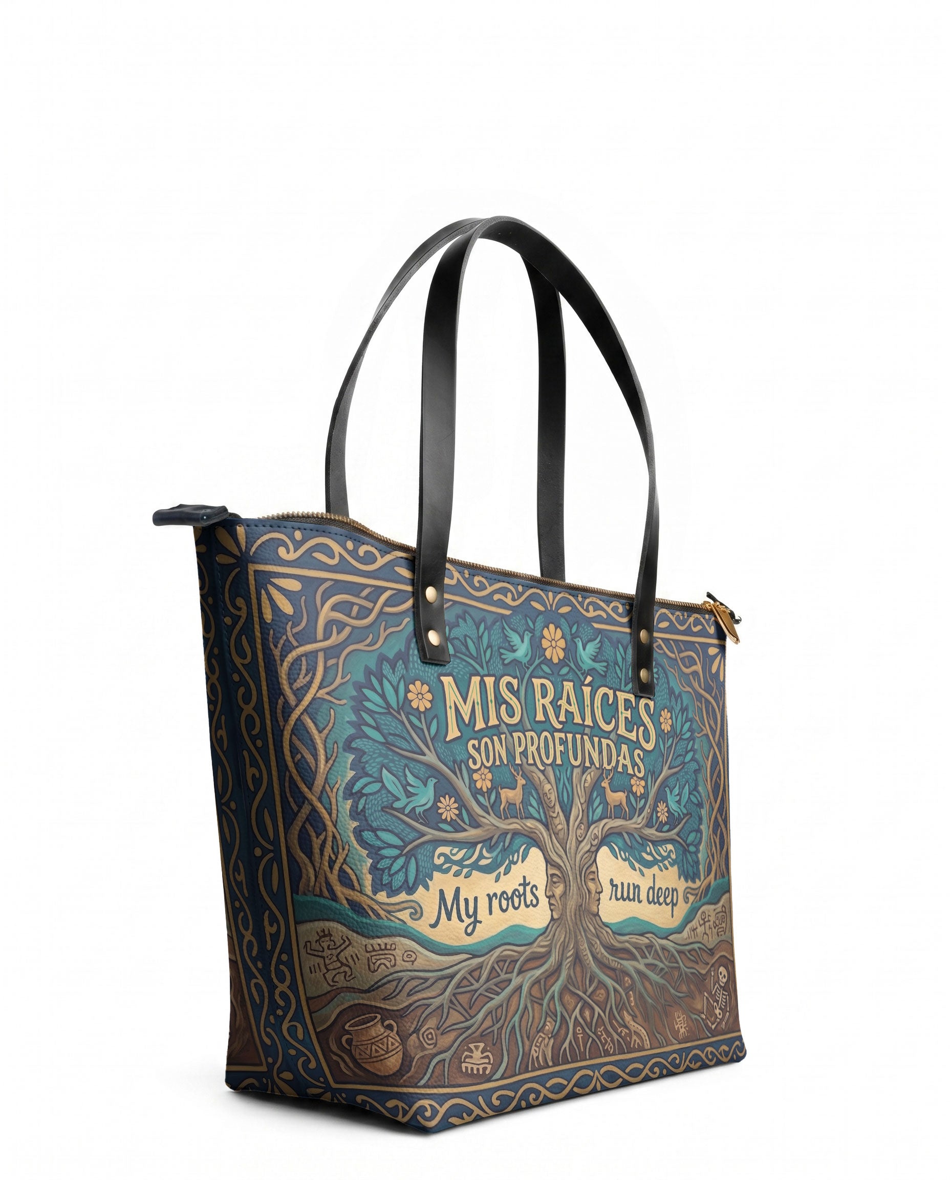 "Mis Raíces son Profundas" ver.1 Leather Tote Bag - side view | Paleta Bags