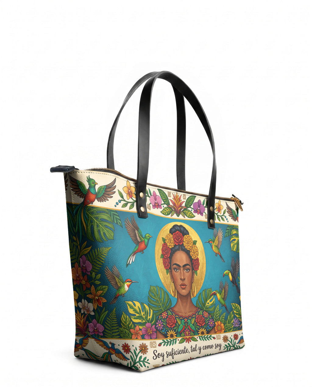 "Soy suficiente, tal y como soy" ver.11 Leather Tote Bag - side view | Paleta Bags