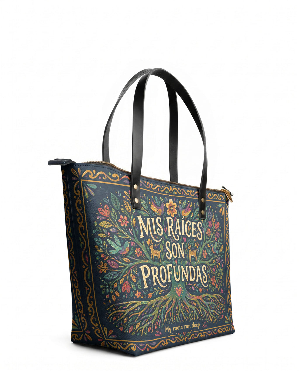 "Mis Raíces son Profundas" ver.4 Leather Tote Bag - side view | Paleta Bags