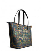 "Mis Raíces son Profundas" ver.4 Leather Tote Bag - side view | Paleta Bags