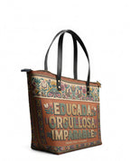 "Educada. Orgullosa. Imparable" ver.3 Leather Tote Bag - side view | Paleta Bags