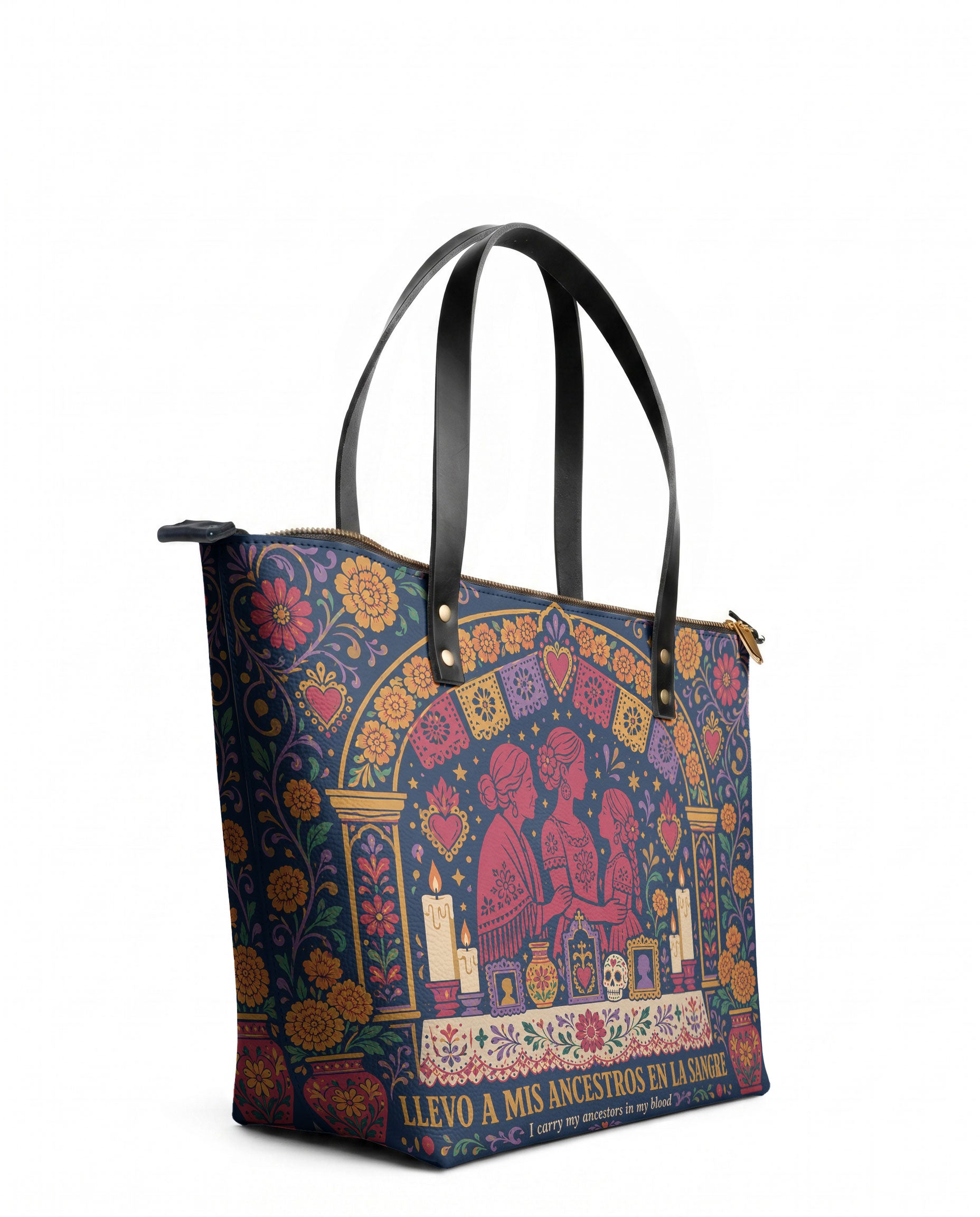 "Llevo a mis ancestros en la sangre" ver.1 Leather Tote Bag - side view | Paleta Bags