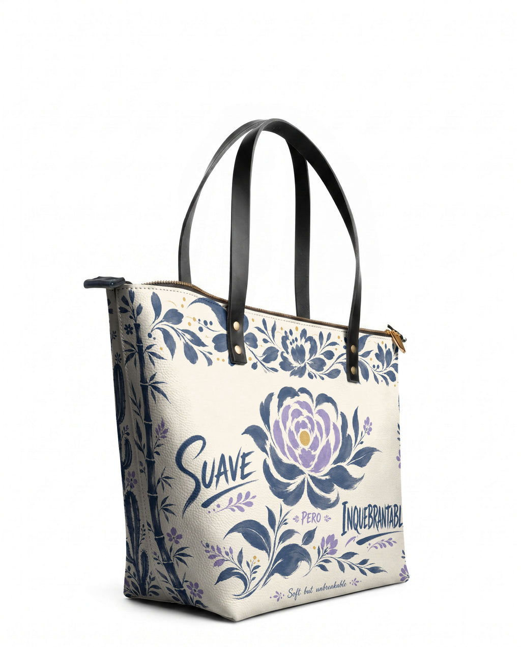 "Suave pero inquebrantable" ver.2 Leather Tote Bag - side view | Paleta Bags