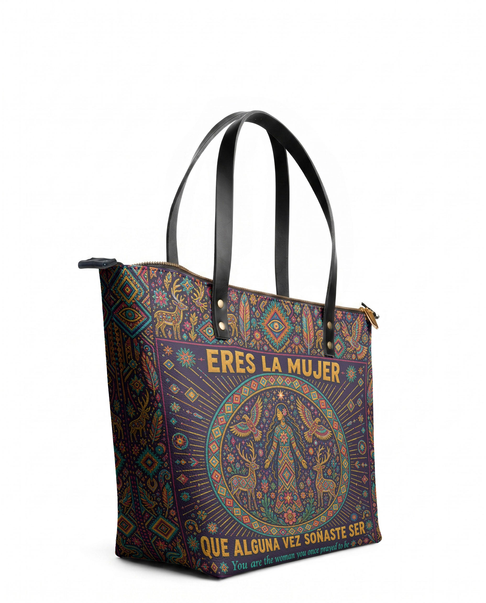 "Eres la mujer que alguna vez soñaste ser" ver.8 Leather Tote Bag - side view | Paleta Bags