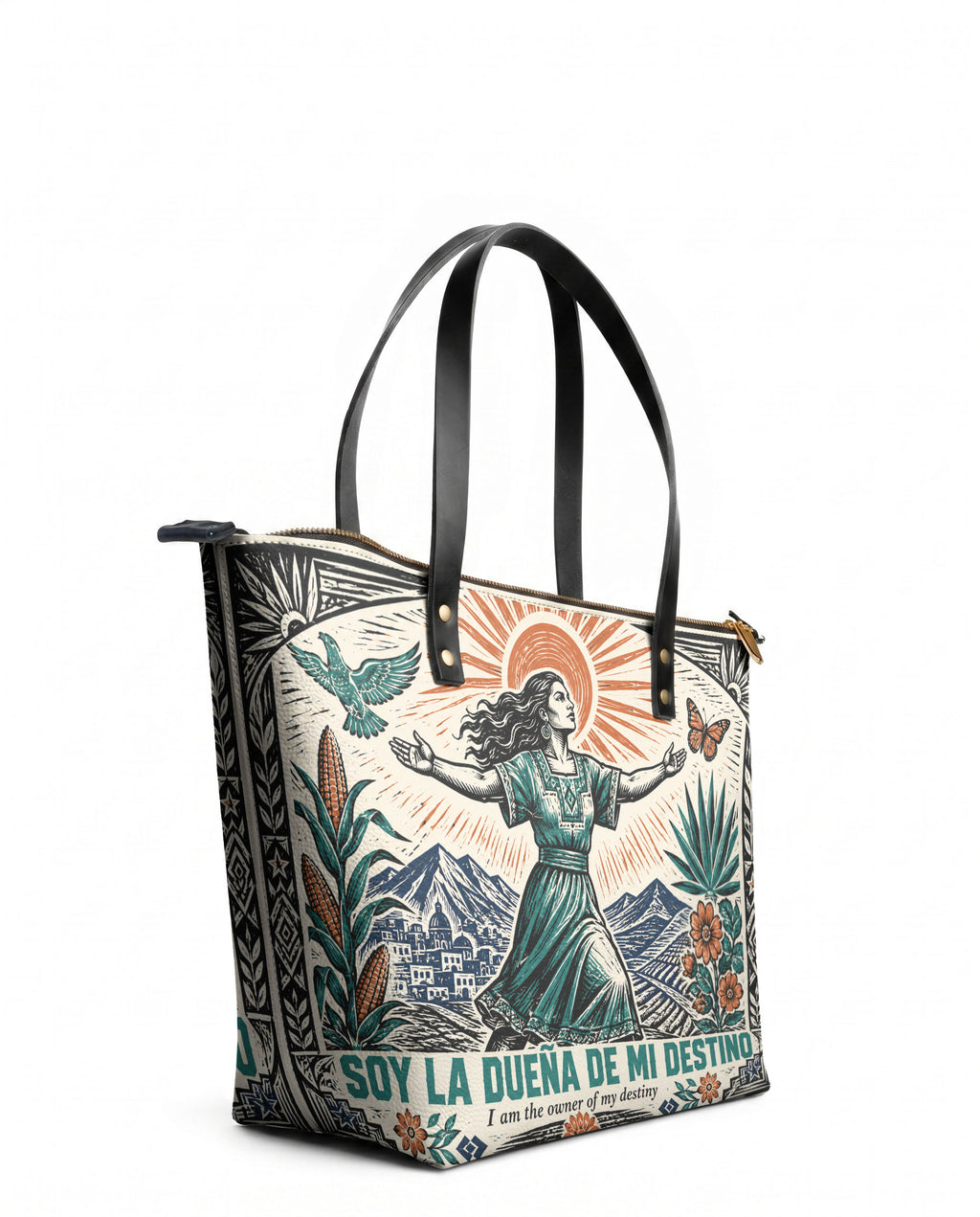 "Soy la dueña de mi destino" ver.2 Leather Tote Bag - side view | Paleta Bags