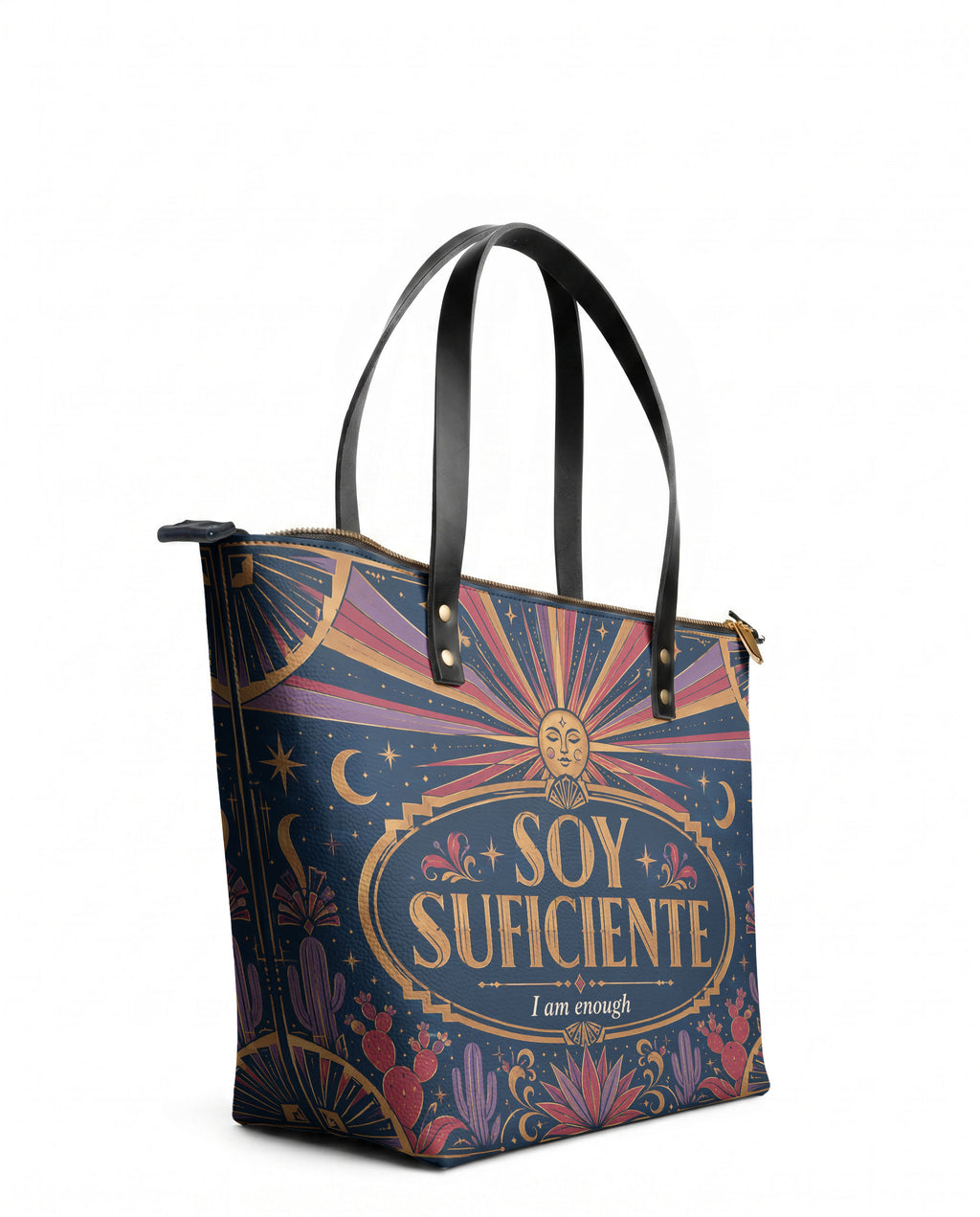 "Soy suficiente, tal y como soy" ver.3 Leather Tote Bag - side view | Paleta Bags