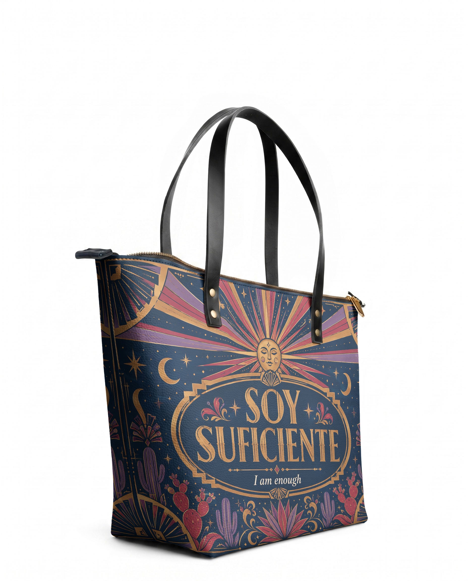 "Soy suficiente, tal y como soy" ver.3 Leather Tote Bag - side view | Paleta Bags