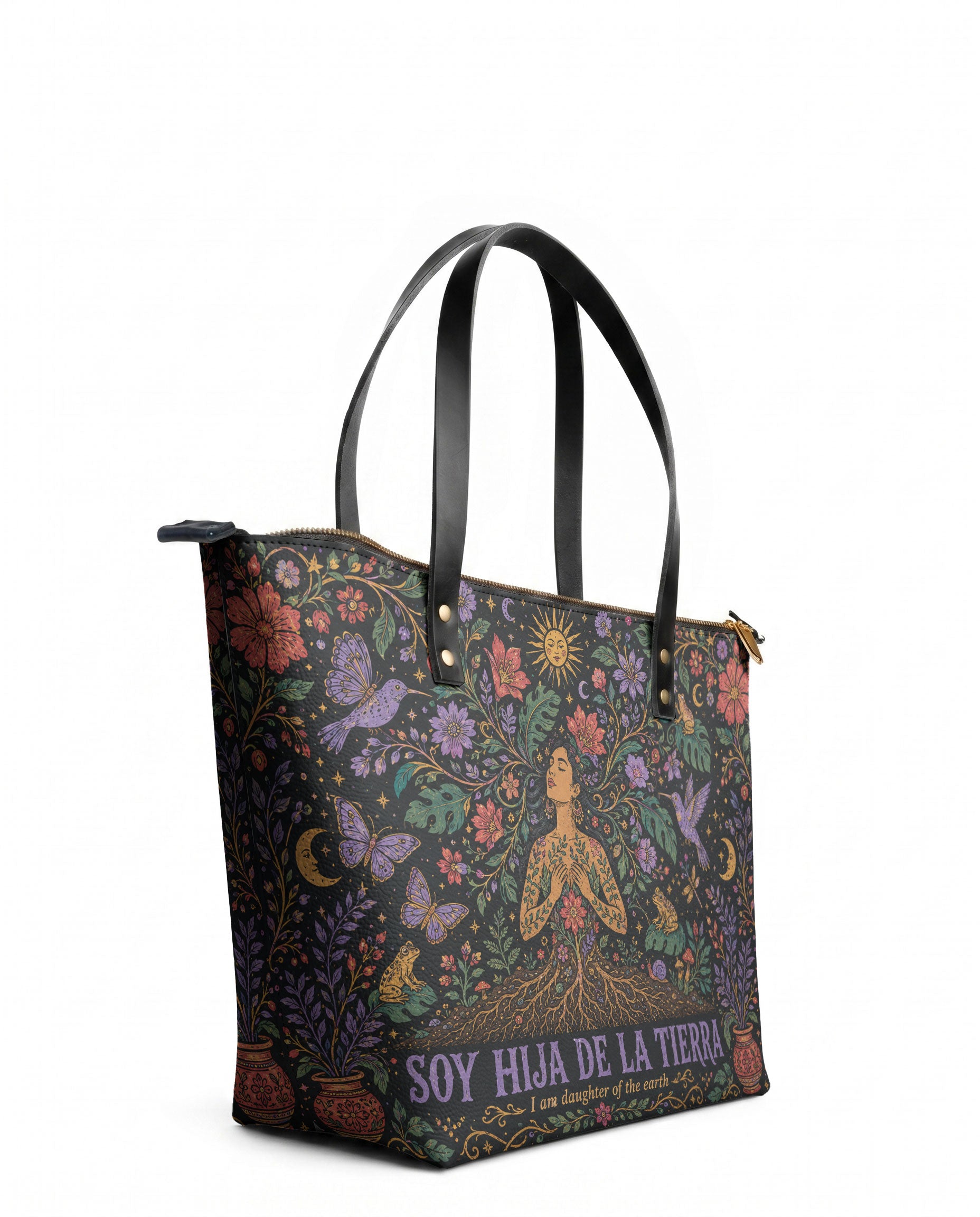 "Soy hija de la tierra" ver.3 Leather Tote Bag - side view | Paleta Bags