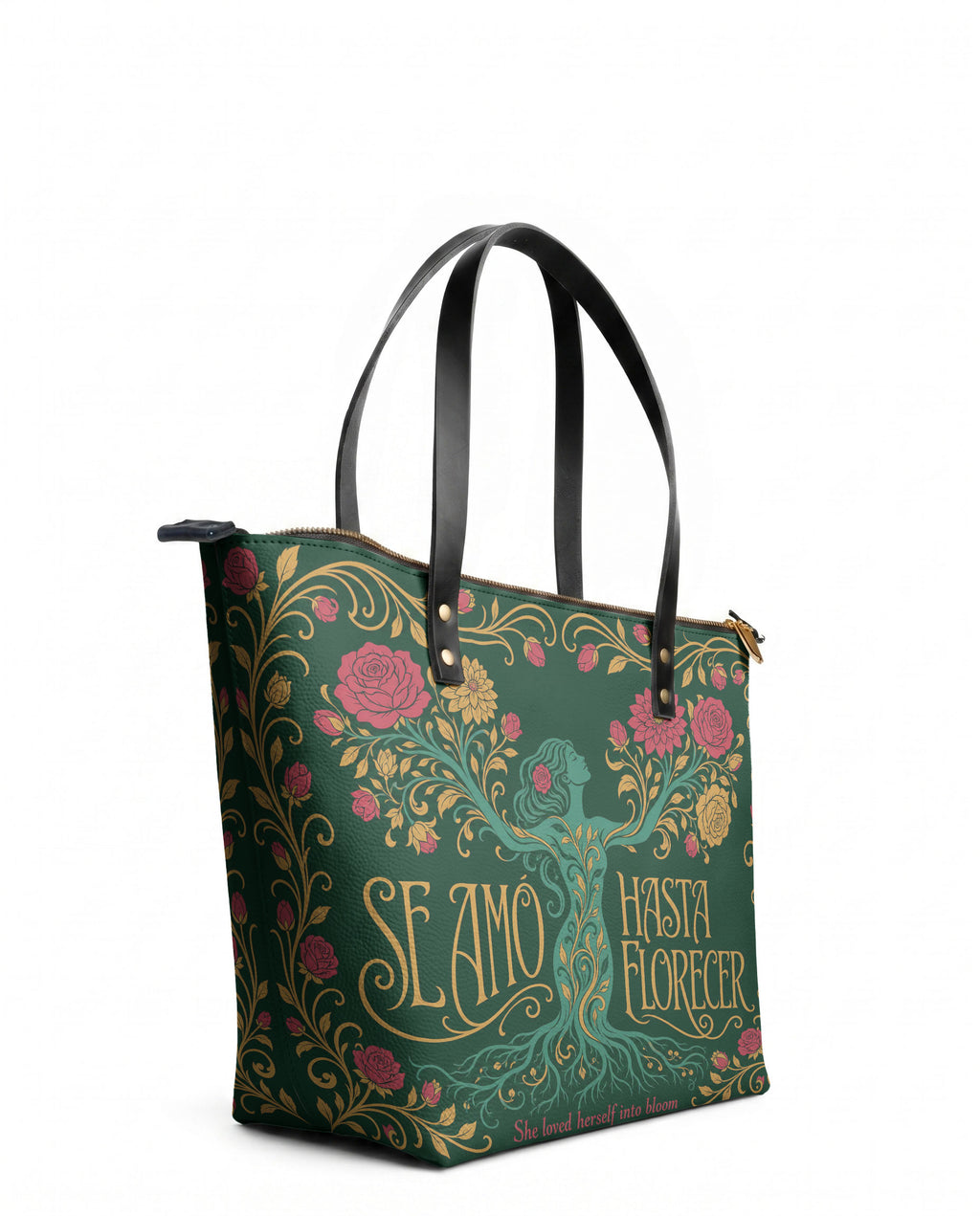 "Se amó hasta florecer" ver.3 Leather Tote Bag - side view | Paleta Bags