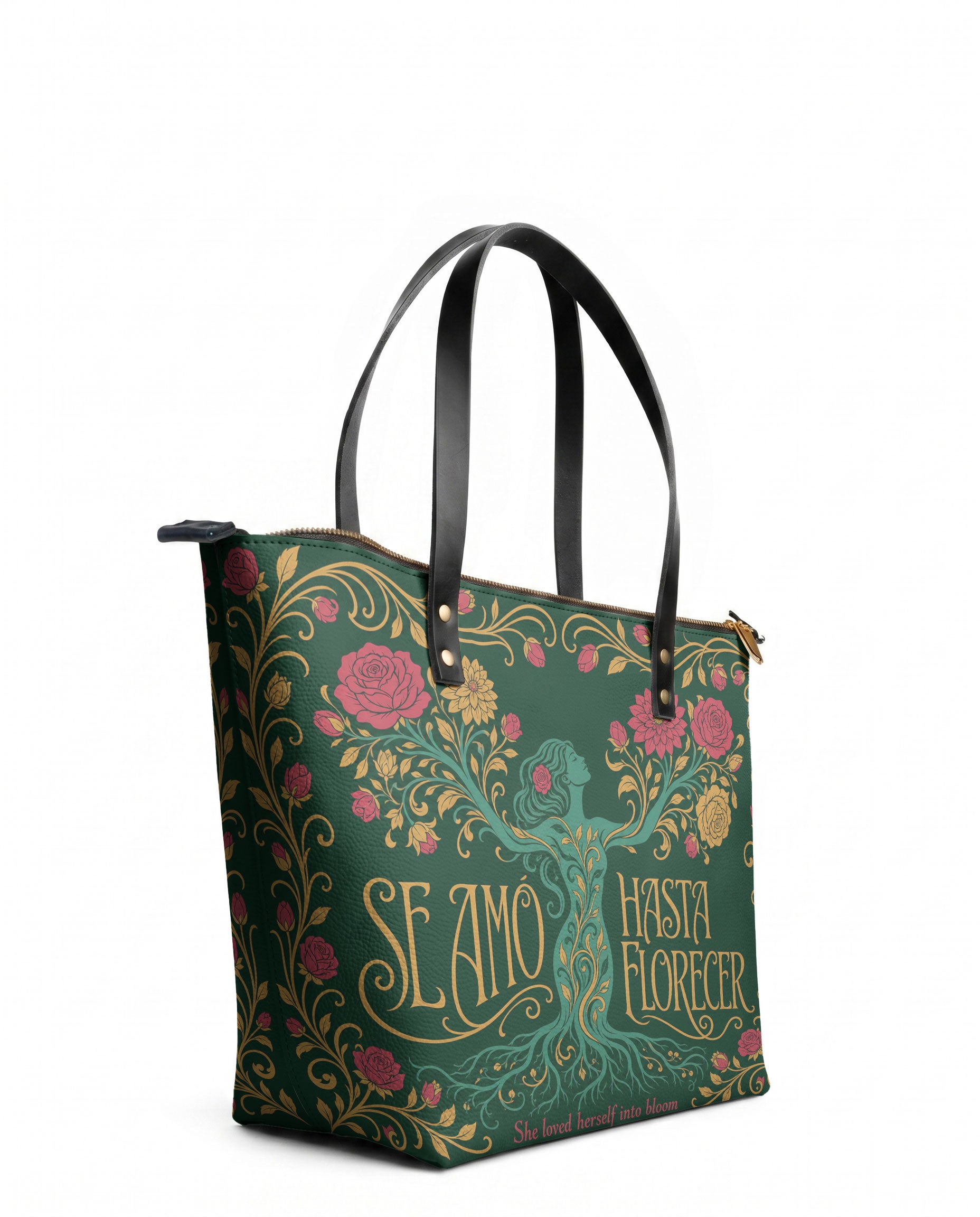 "Se amó hasta florecer" ver.3 Leather Tote Bag - side view | Paleta Bags