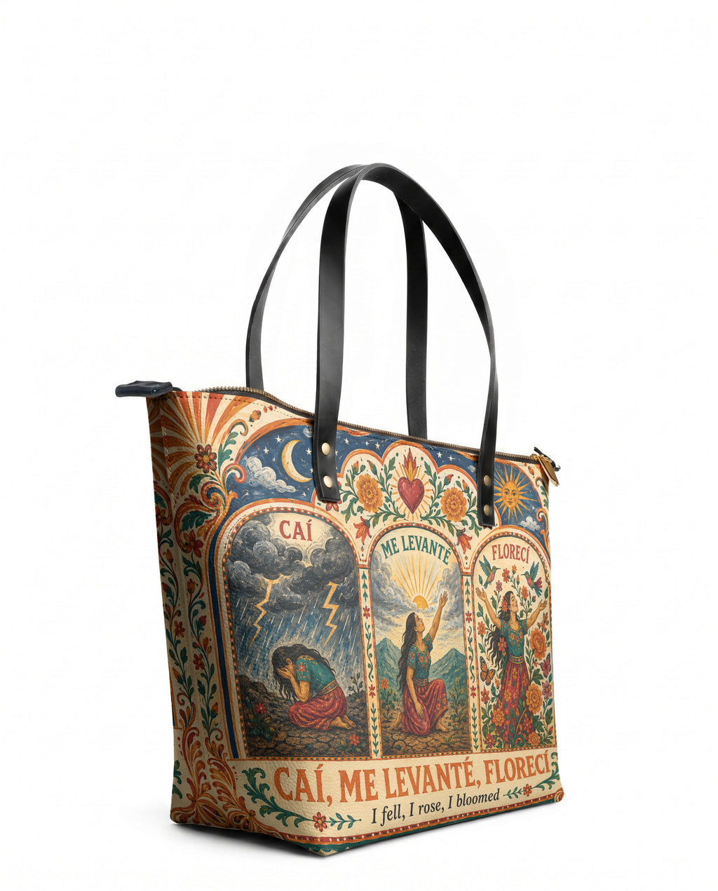 "Caí, me levanté, florecí" ver.1 Leather Tote Bag - side view | Paleta Bags