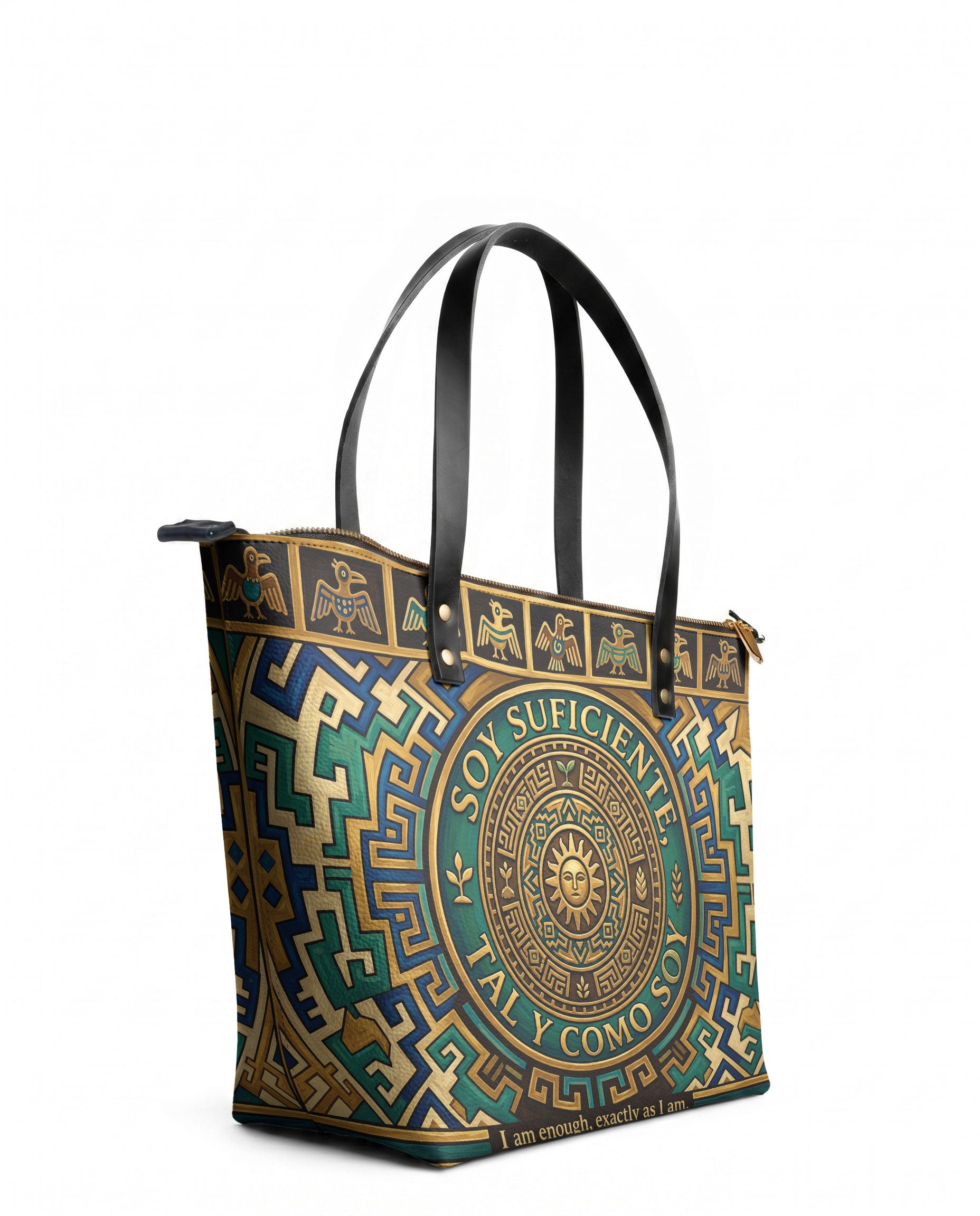 "Soy suficiente, tal y como soy" ver.10 Leather Tote Bag - side view | Paleta Bags