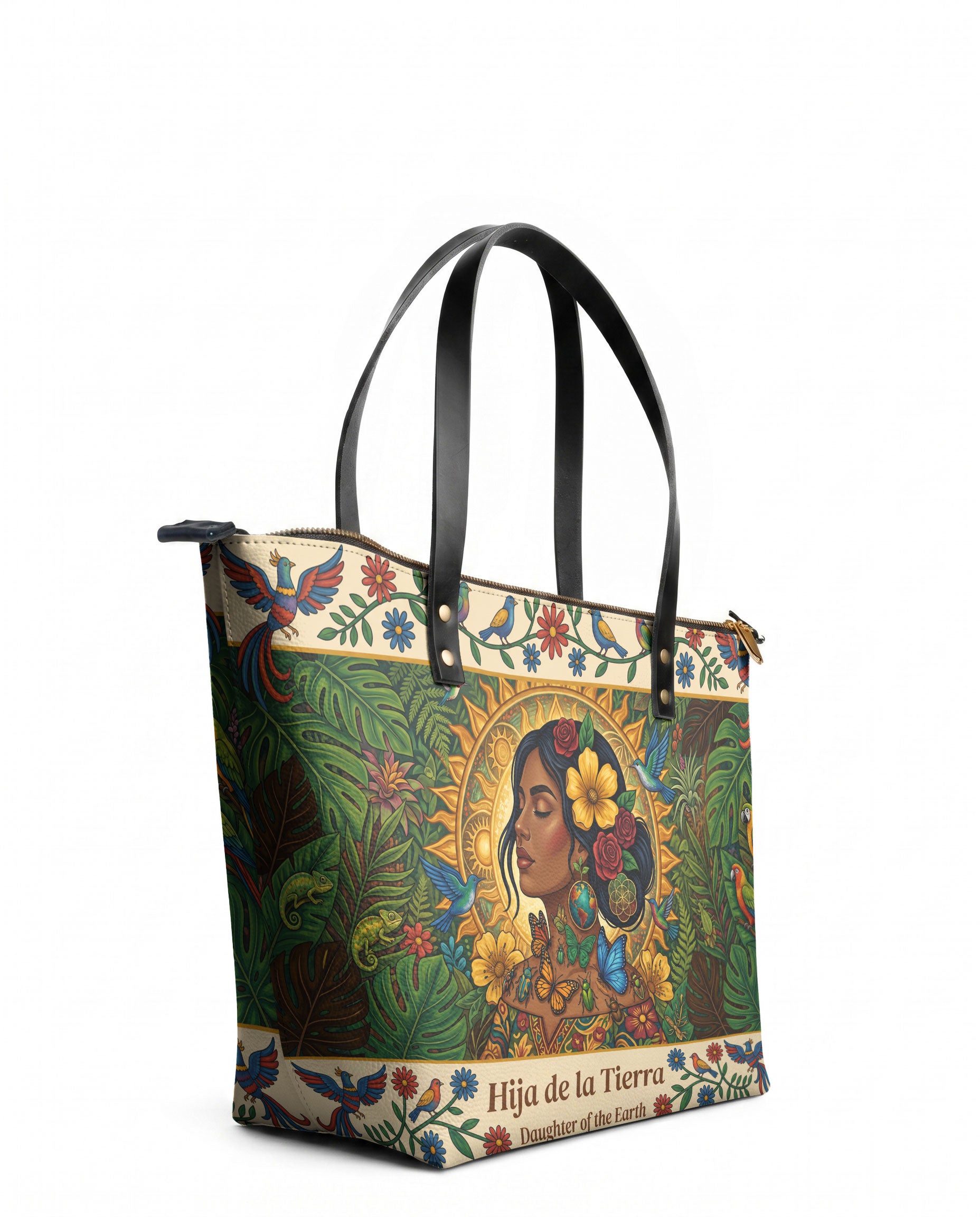 "Soy hija de la tierra" ver.6 Leather Tote Bag - side view | Paleta Bags