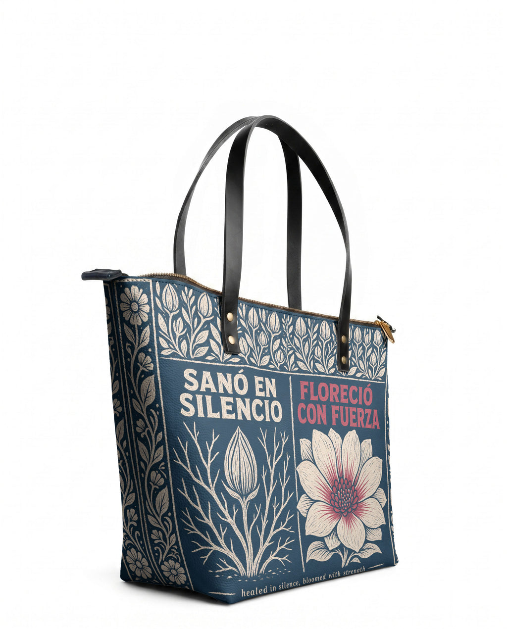 "Sanó en silencio, floreció con fuerza" ver.1 Leather Tote Bag - side view | Paleta Bags