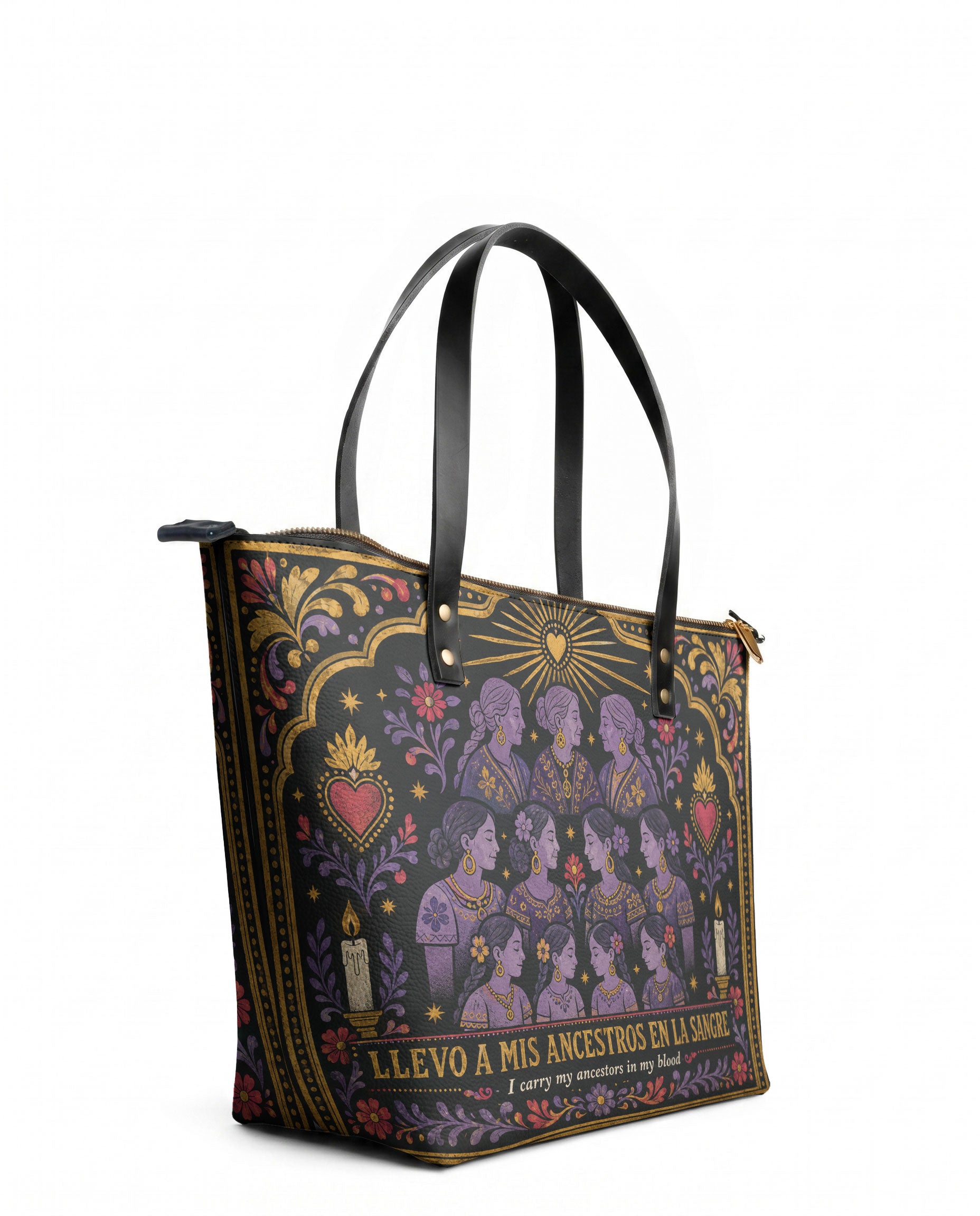 "Llevo a mis ancestros en la sangre" ver.3 Leather Tote Bag - side view | Paleta Bags