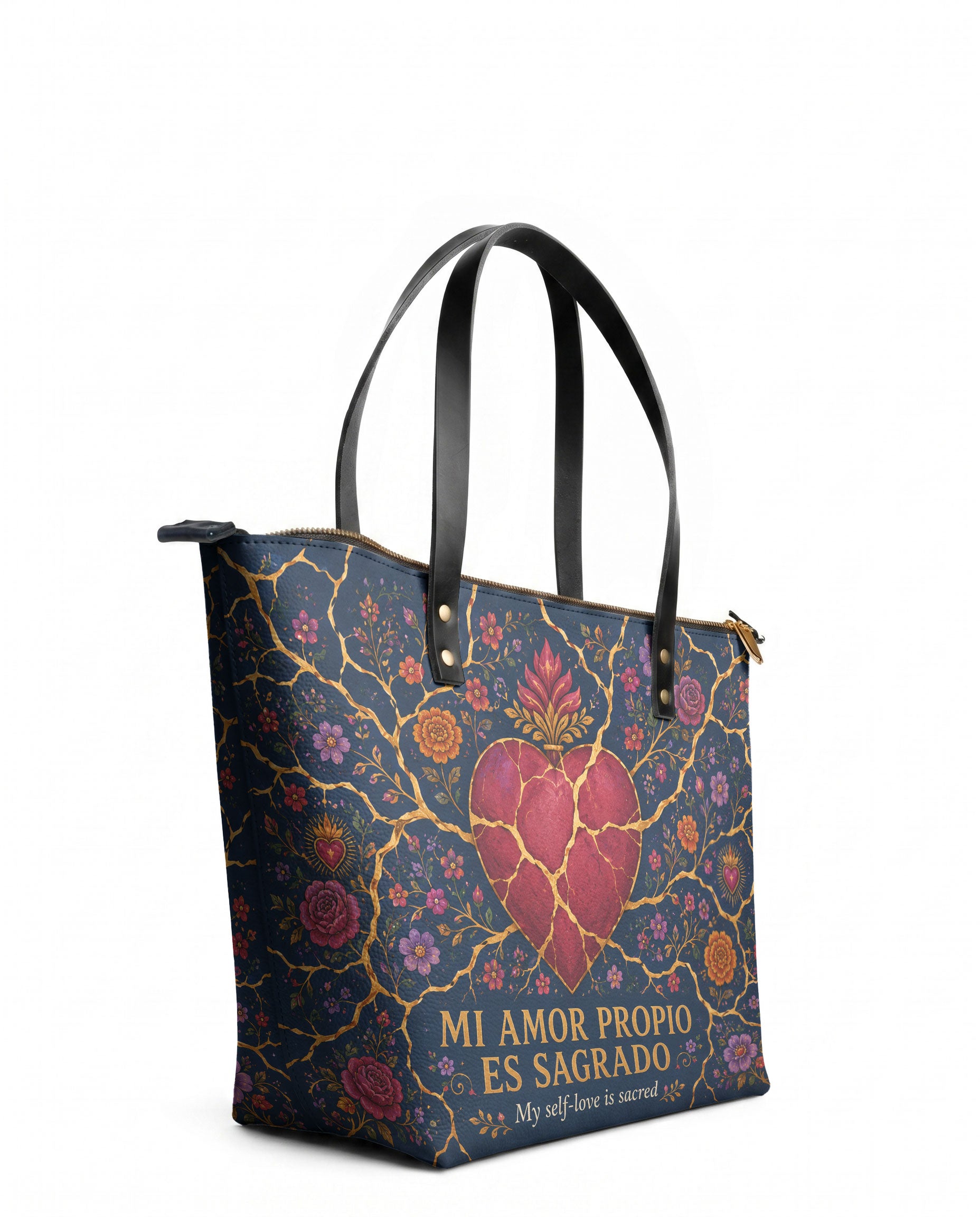 "Mi amor propio es sagrado" ver.3 Leather Tote Bag - side view | Paleta Bags