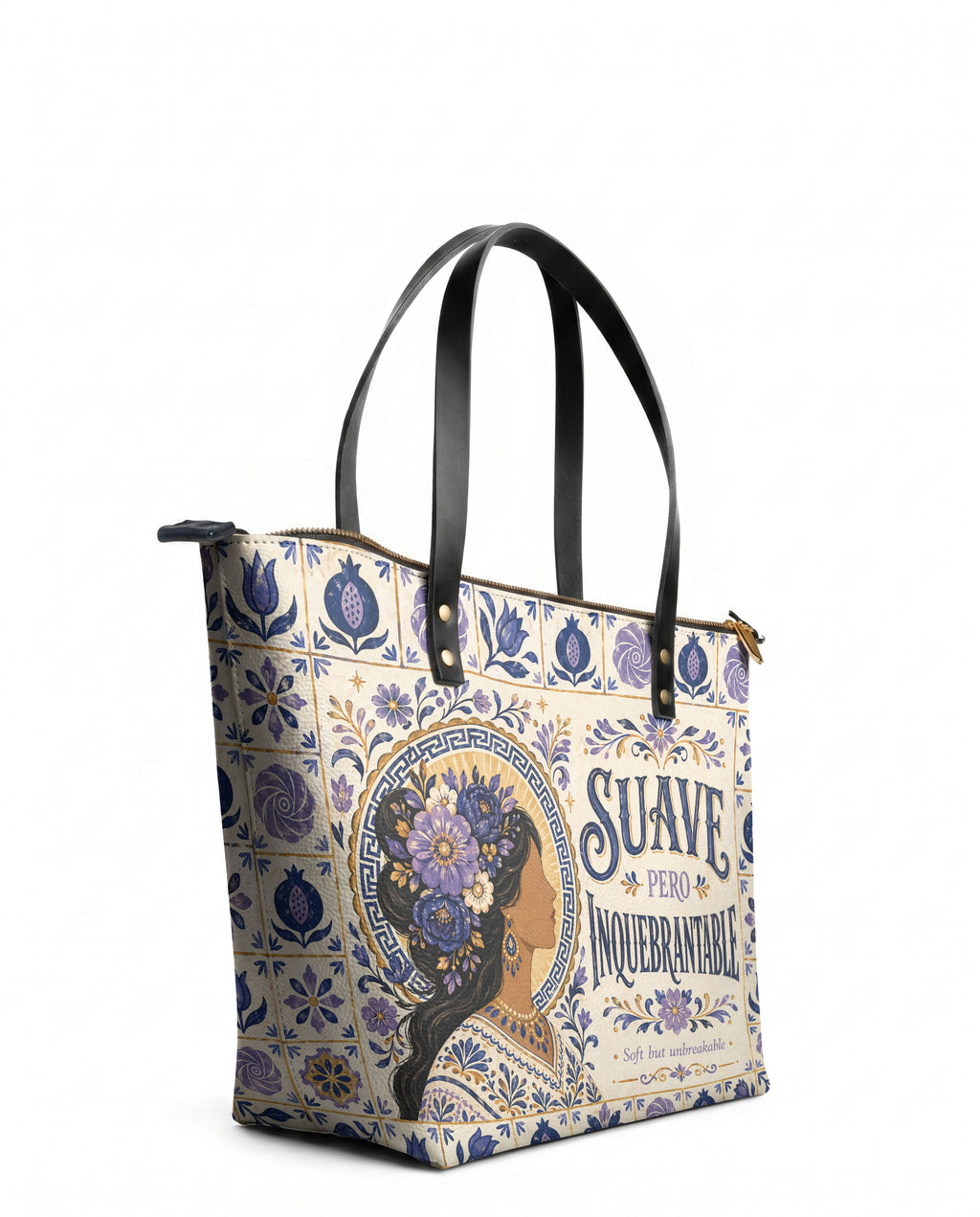 "Suave pero inquebrantable" ver.7 Leather Tote Bag - side view | Paleta Bags
