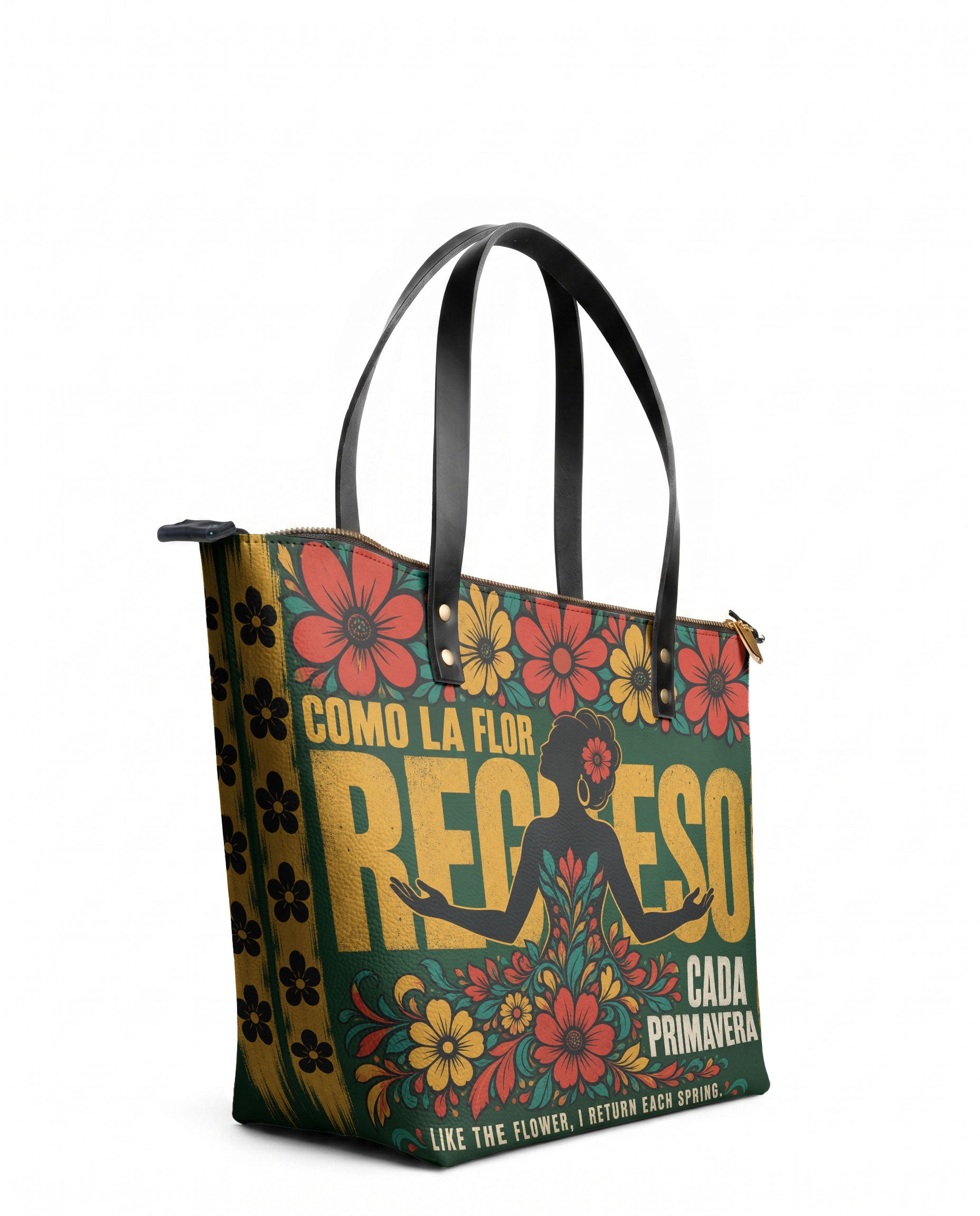 "Como la flor, regreso cada primavera" ver.1 Leather Tote Bag - side view | Paleta Bags