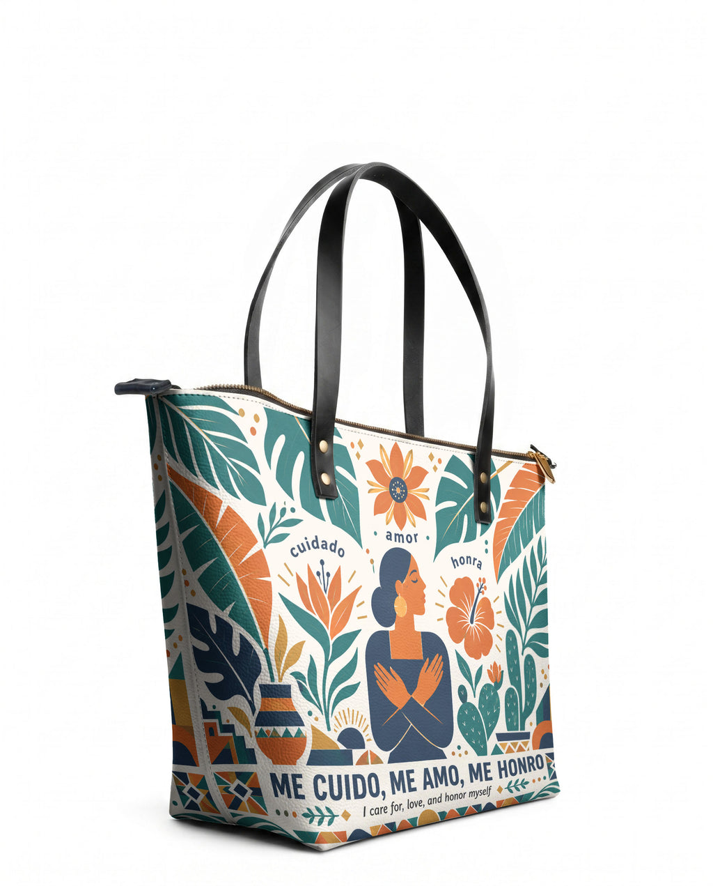 "Me cuido, me amo, me honro" ver.4 Leather Tote Bag - side view | Paleta Bags