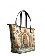 "Mi amor propio es sagrado" ver.1 Leather Tote Bag - side view | Paleta Bags
