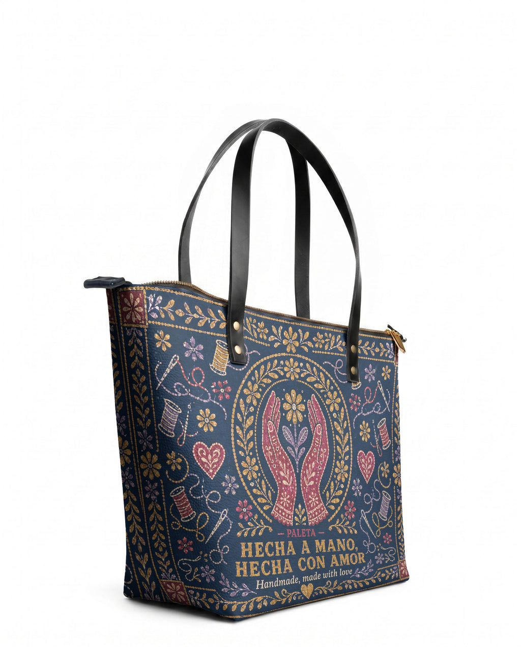 "Hecha a mano, hecha con amor" ver.4 Leather Tote Bag - side view | Paleta Bags