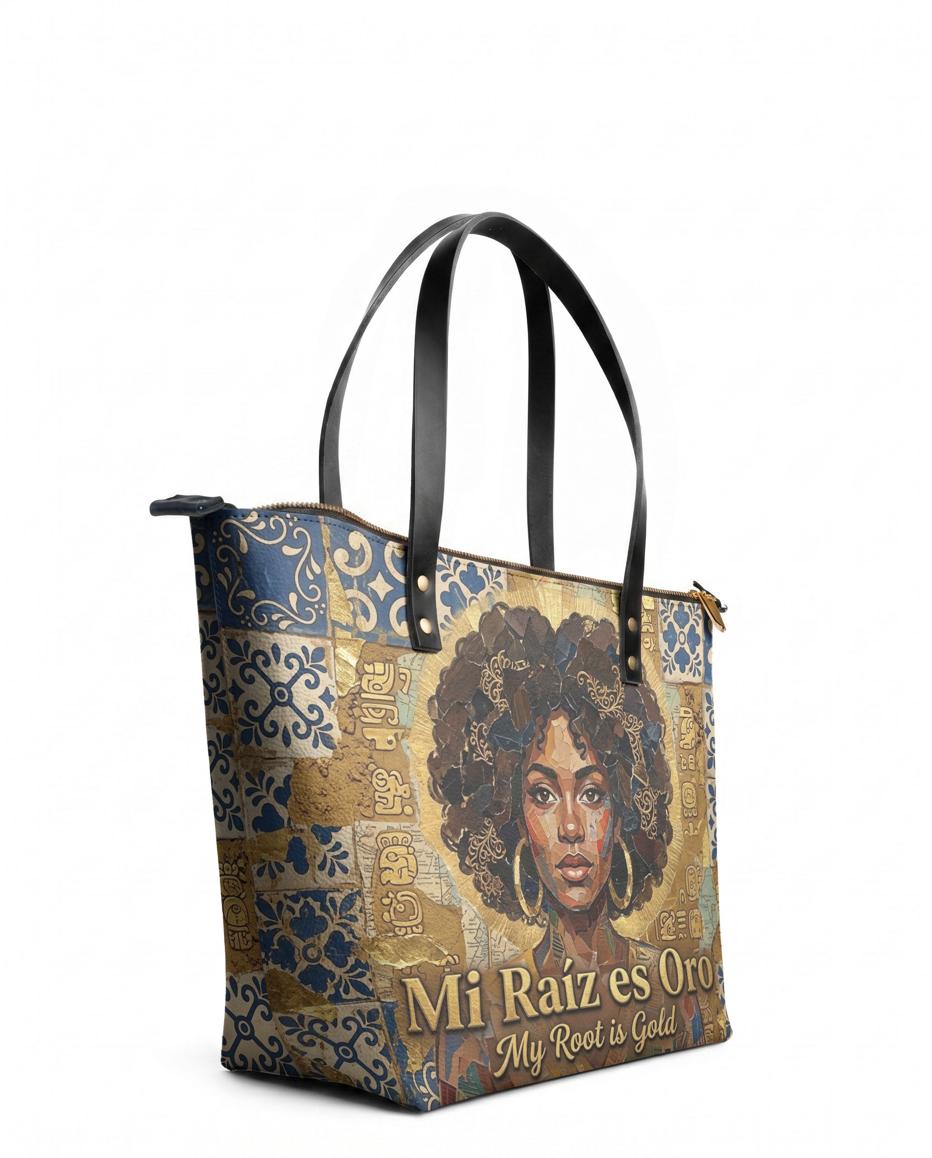 "Mi Raíz es Oro" ver.3 Leather Tote Bag - side view | Paleta Bags