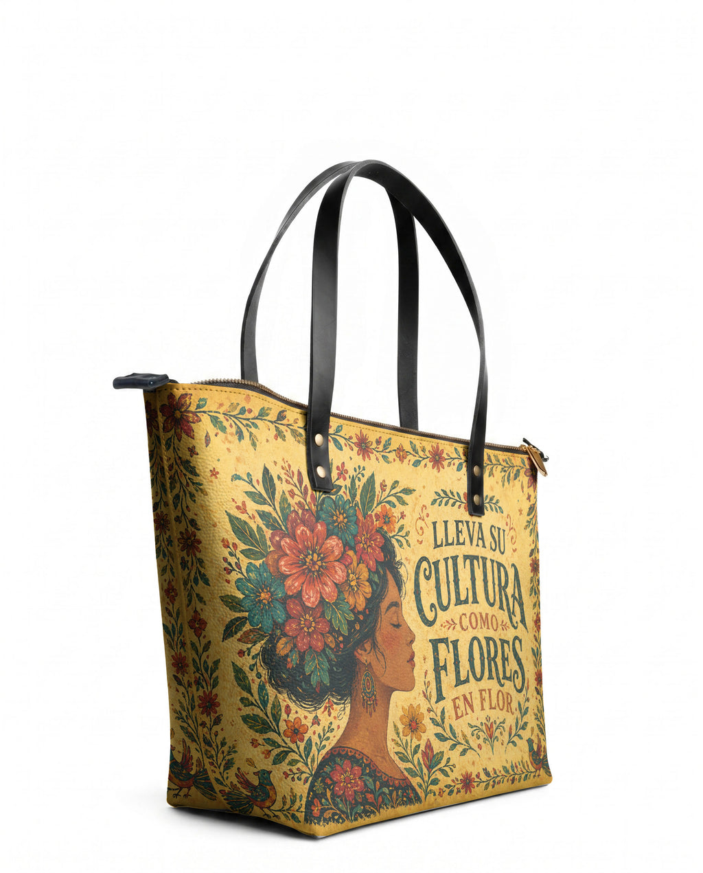 "Lleva su cultura como flores en flor" ver.1 Leather Tote Bag - side view | Paleta Bags