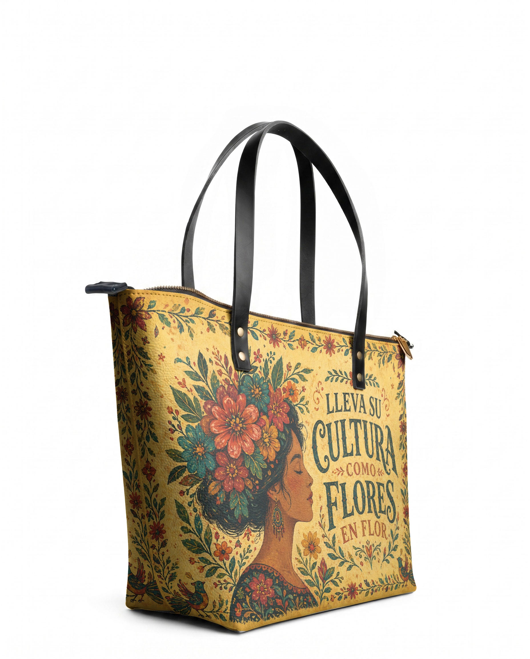 "Lleva su cultura como flores en flor" ver.1 Leather Tote Bag - side view | Paleta Bags