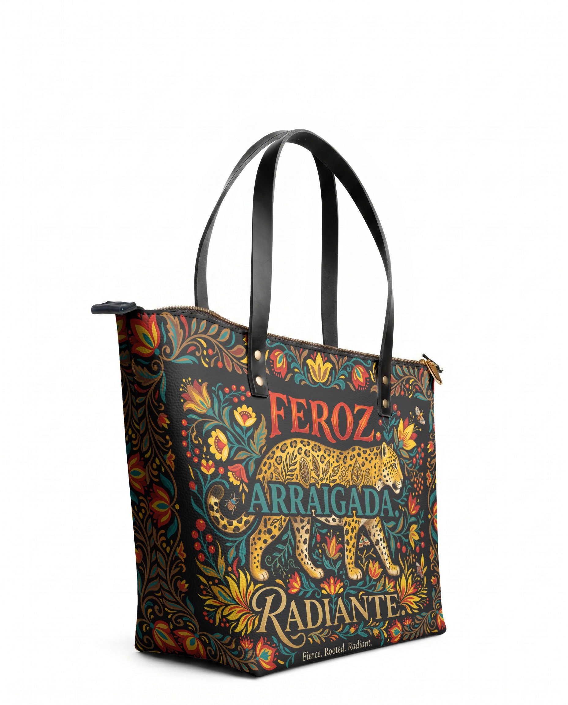 "Feroz. Arraigada. Radiante" ver.5 Leather Tote Bag - side view | Paleta Bags